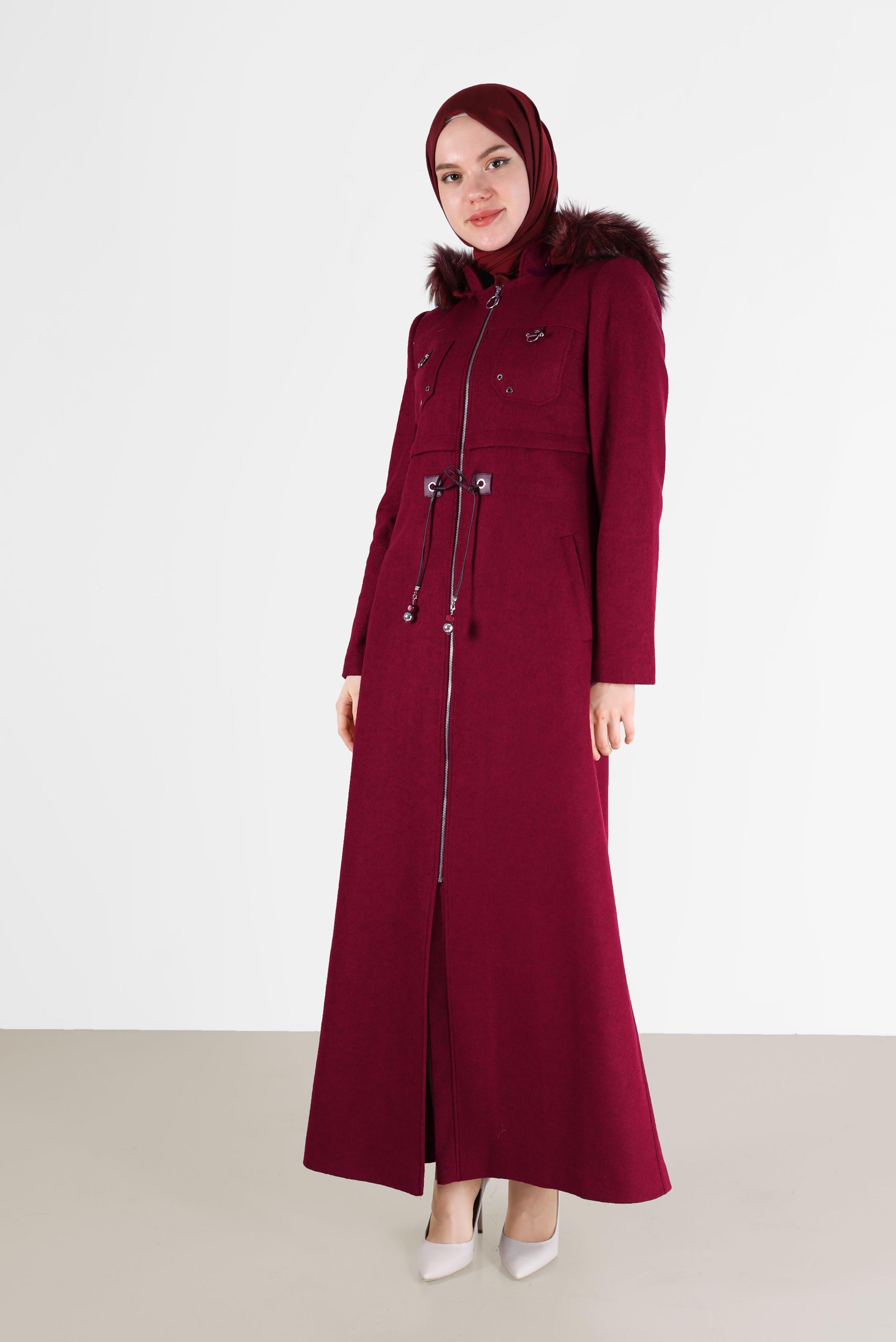 Hijab clothing CLARET RED GATHERED WAIST HOODED COAT 90230 