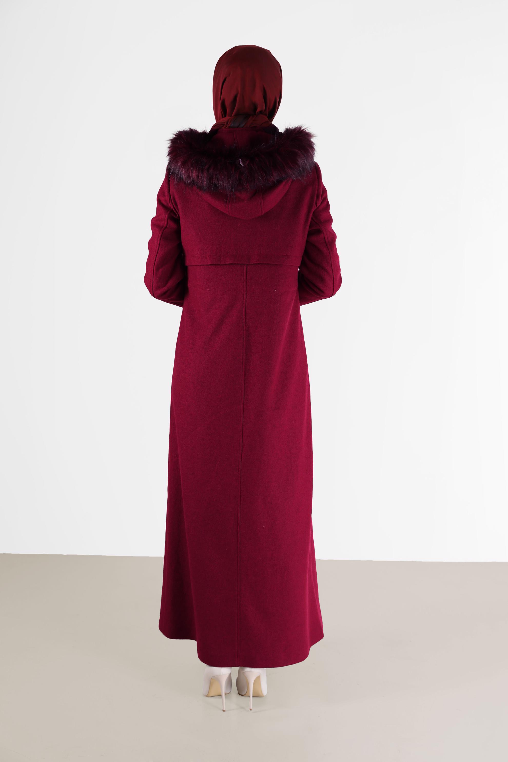 Hijab clothing CLARET RED GATHERED WAIST HOODED COAT 90230 