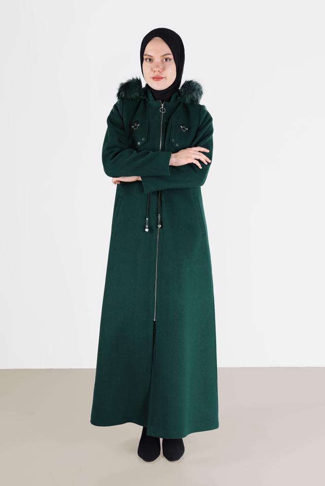 Hijab clothing GREEN SMOCKED WAIST HOODED COAT 90230  - ALVİNA