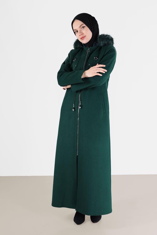 Hijab clothing GREEN SMOCKED WAIST HOODED COAT 90230  - ALVİNA