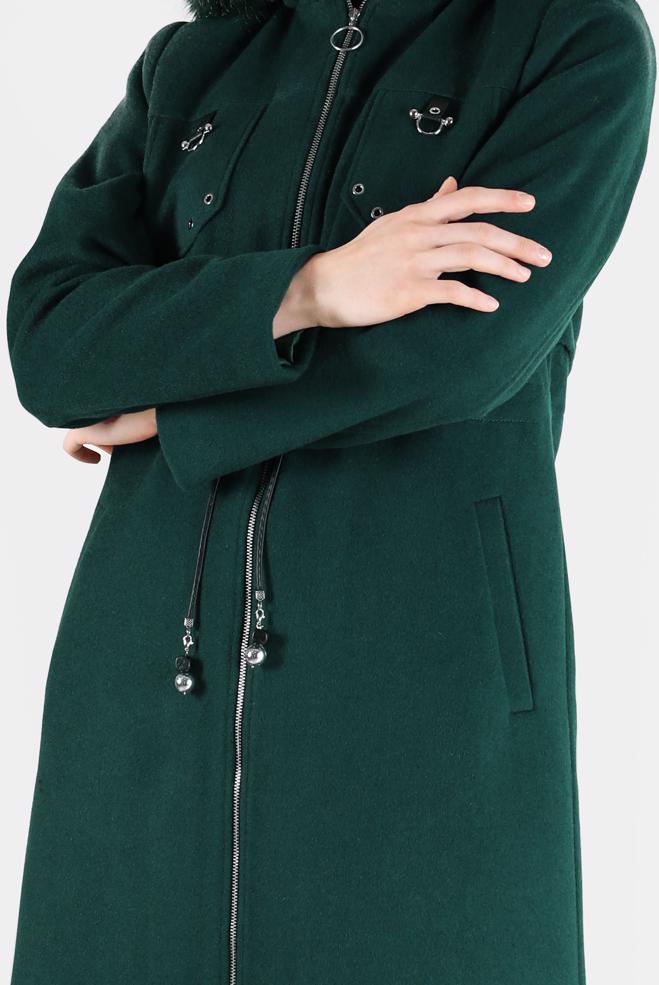 Hijab clothing GREEN SMOCKED WAIST HOODED COAT 90230  - ALVİNA