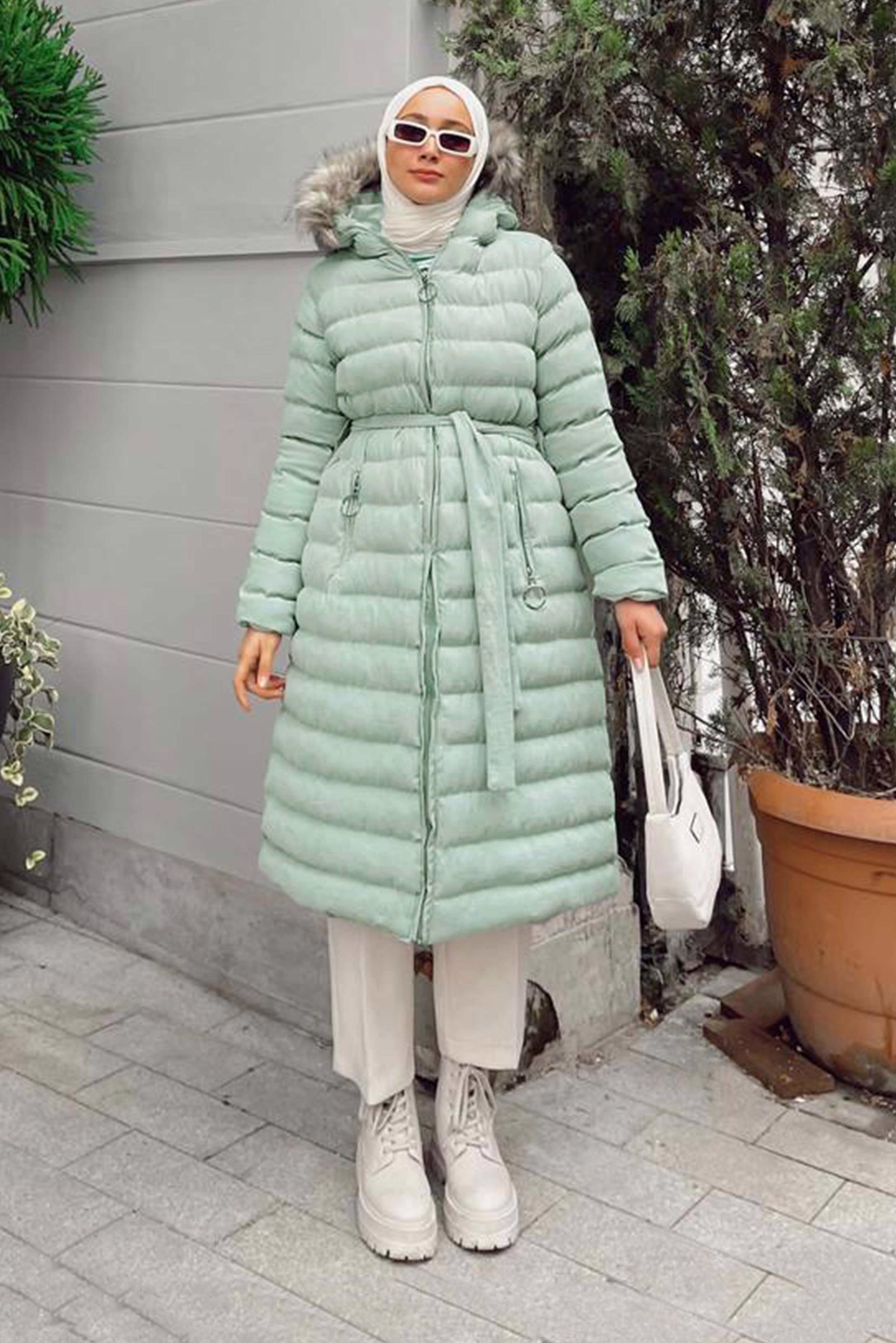 Vêtements hijab VERT MANTEAU DOUDOUNE À CAPUCHE EN FOURRURE 90287