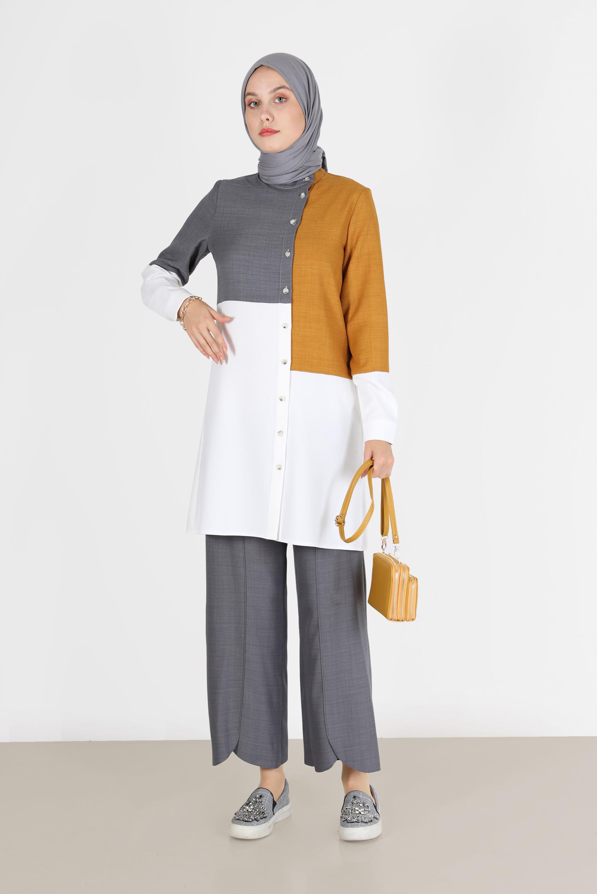 Tesettür giyim GRİ ASİMETRİK KESİM PAÇA DETAYLI PANTOLON 70263 
