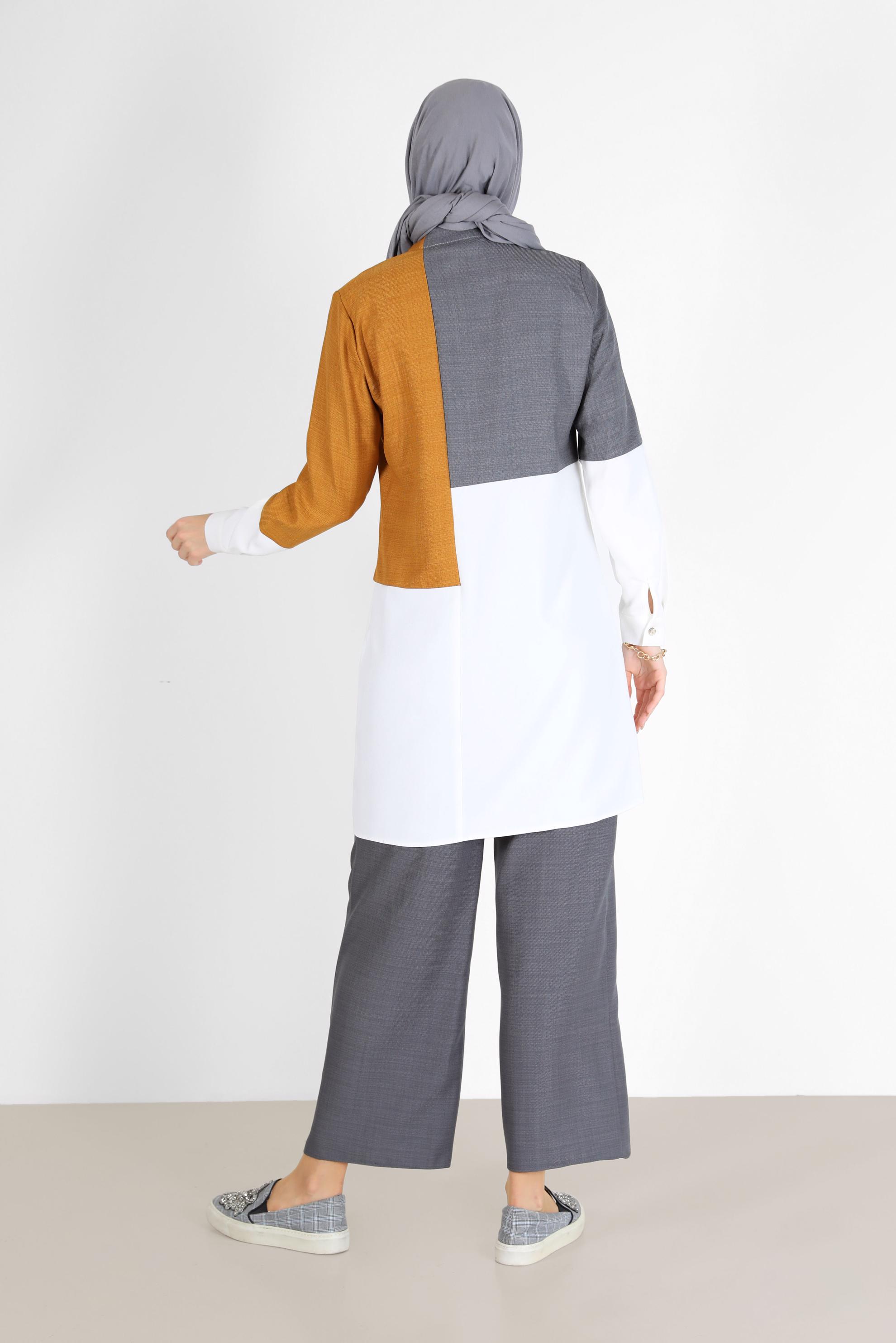 Tesettür giyim GRİ ASİMETRİK KESİM PAÇA DETAYLI PANTOLON 70263 