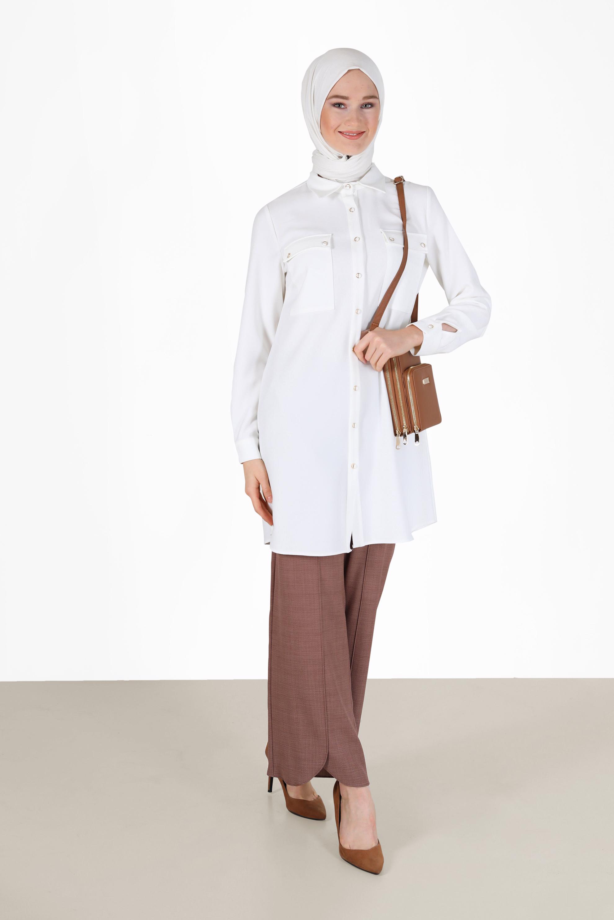 Tesettür giyim KAHVE ASİMETRİK KESİM PAÇA DETAYLI PANTOLON 70263 