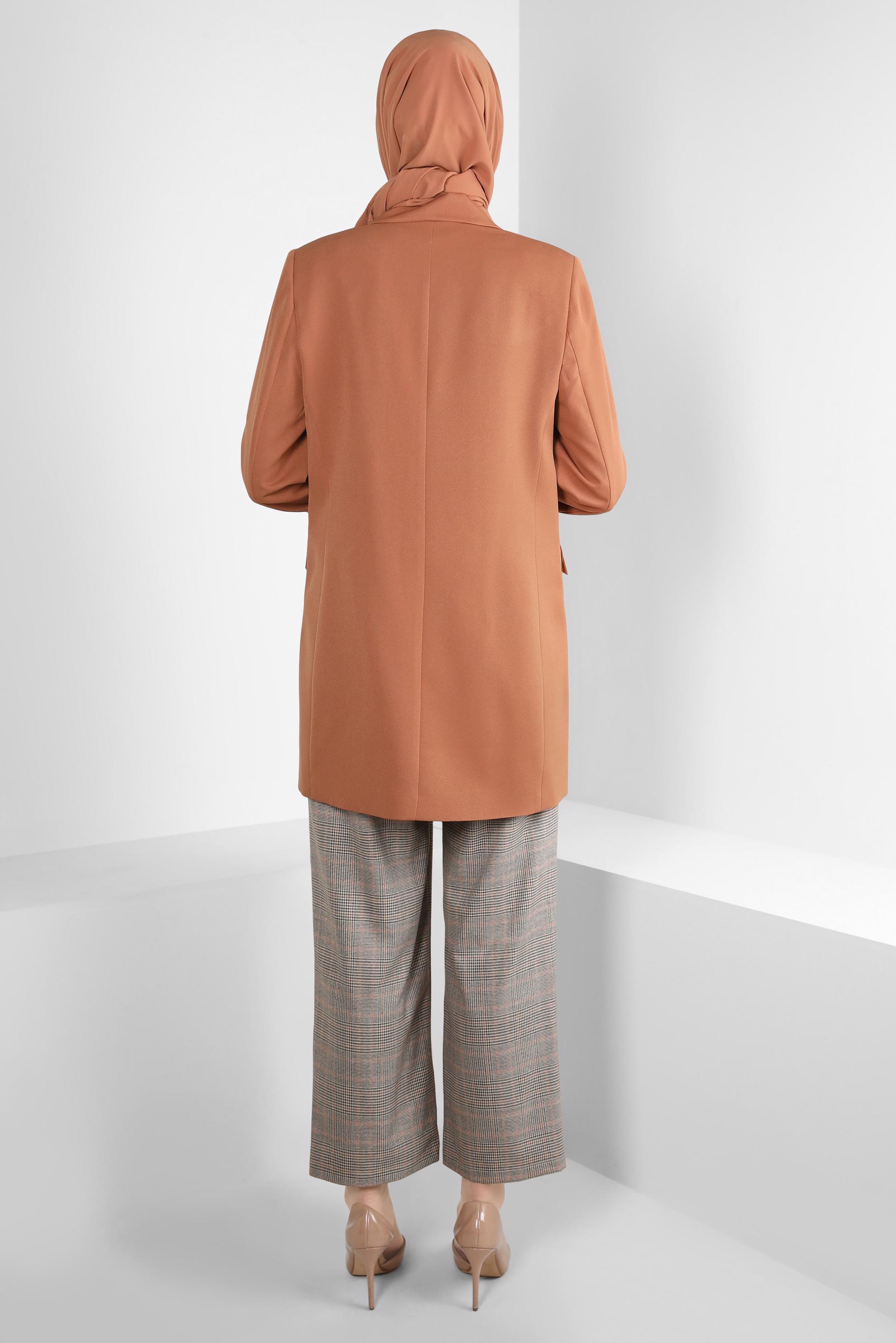 Tesettür giyim TURUNCU DÜĞME DETAYLI EKOSE PANTOLON 70264 