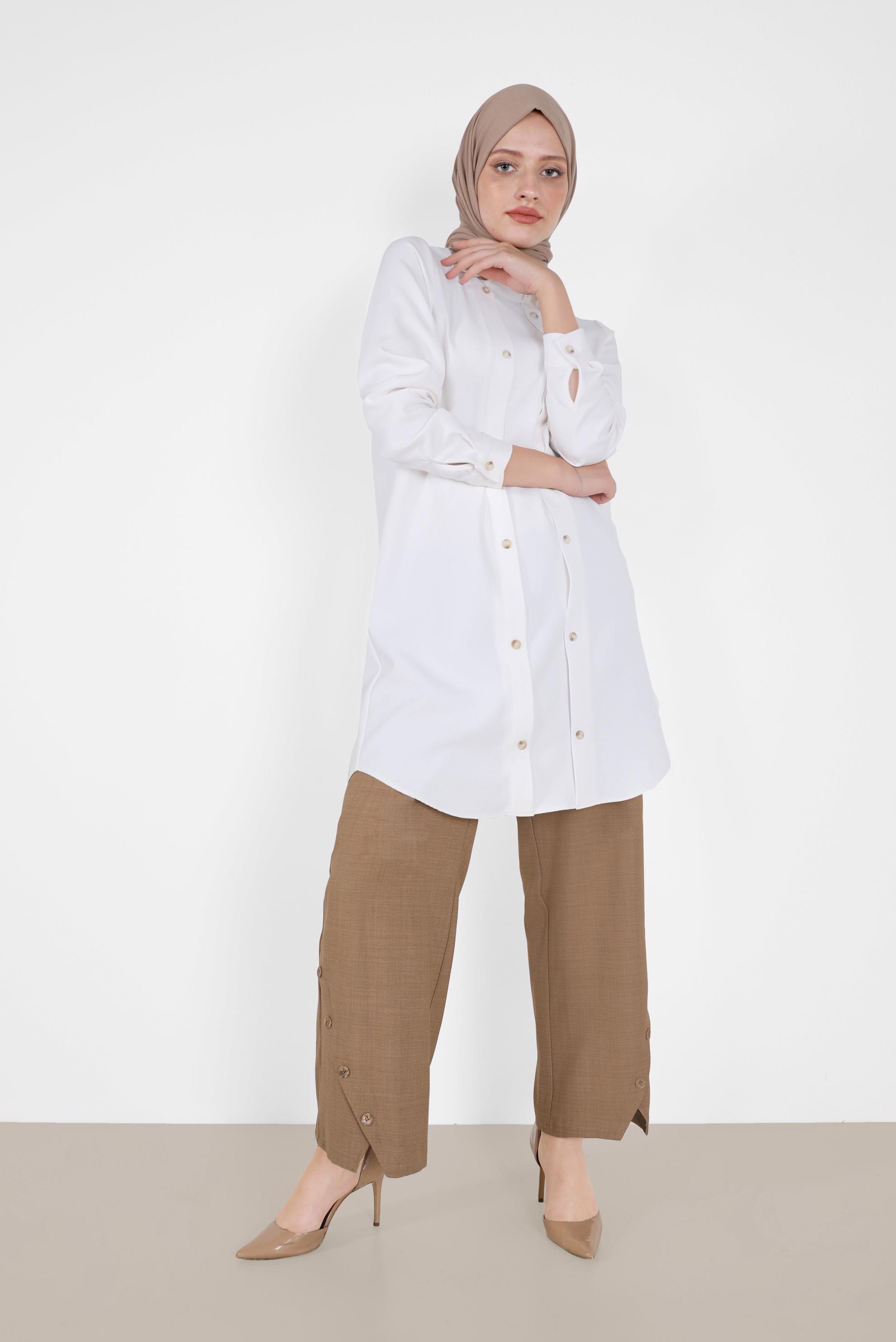 Tesettür giyim KAHVE DÜĞME DETAYLI PANTOLON 70265 