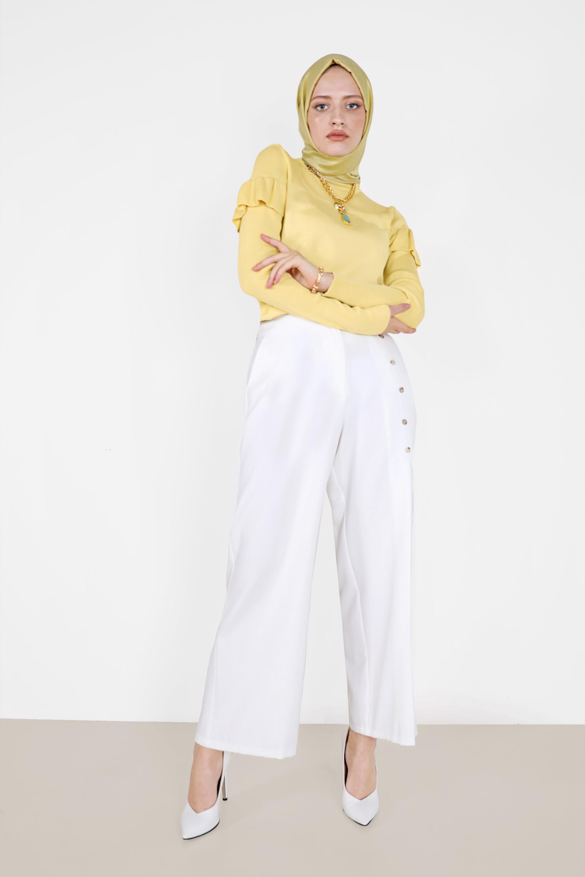 Tesettür giyim BEYAZ DÜĞME DETAYLI GENİŞ KESİM PANTOLON 70267 