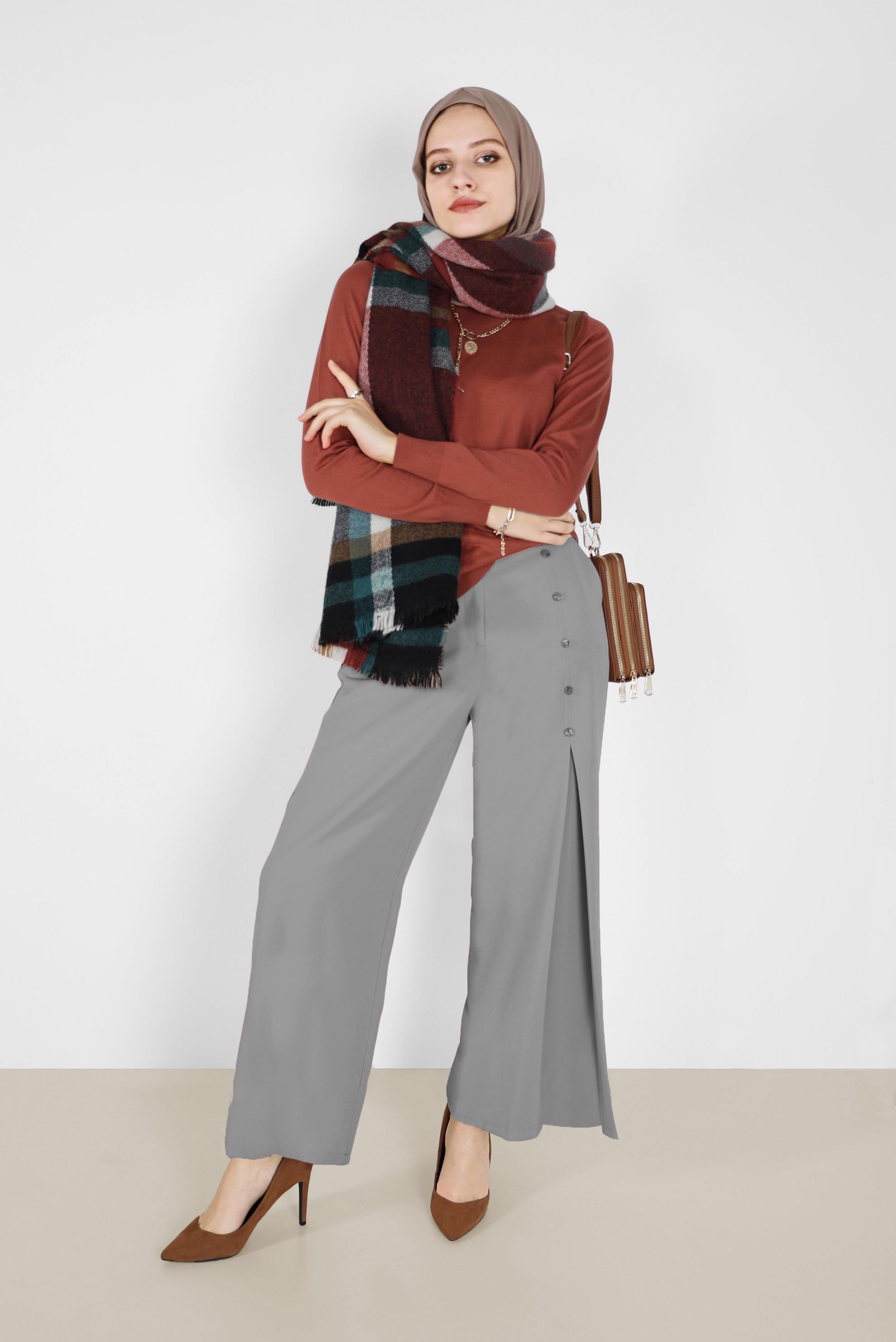 Tesettür giyim GRİ DÜĞME DETAYLI GENİŞ KESİM PANTOLON 70267 