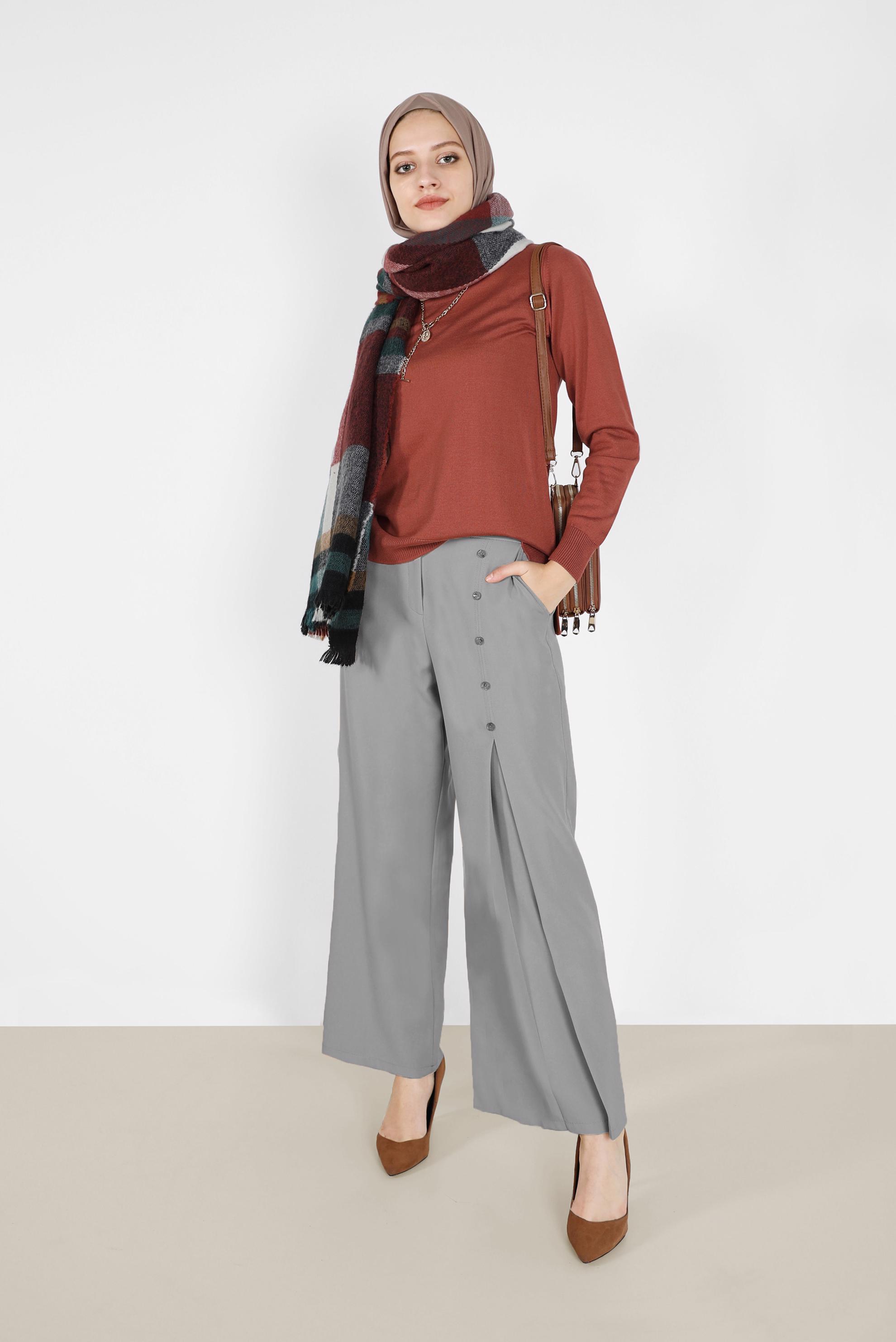 Tesettür giyim GRİ DÜĞME DETAYLI GENİŞ KESİM PANTOLON 70267 