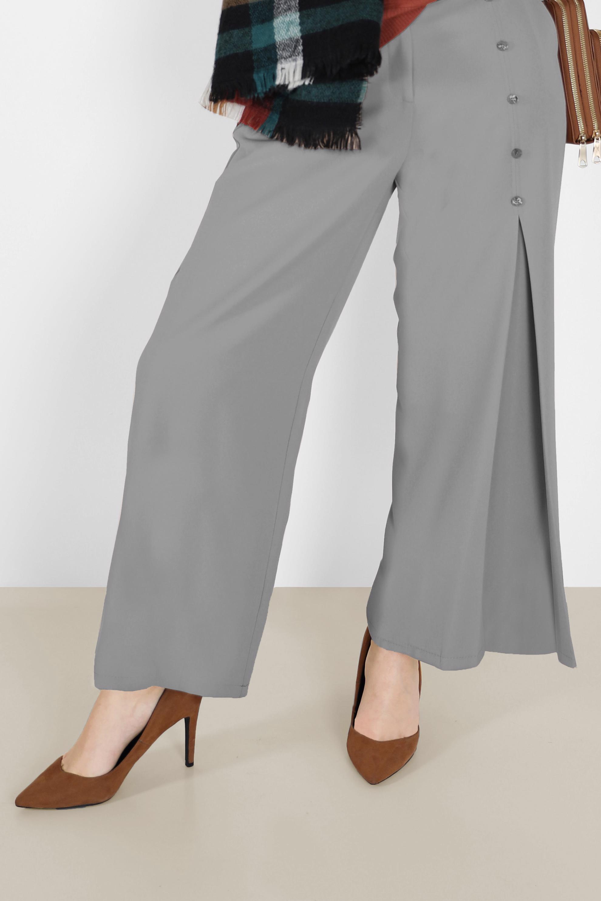 Tesettür giyim GRİ DÜĞME DETAYLI GENİŞ KESİM PANTOLON 70267 