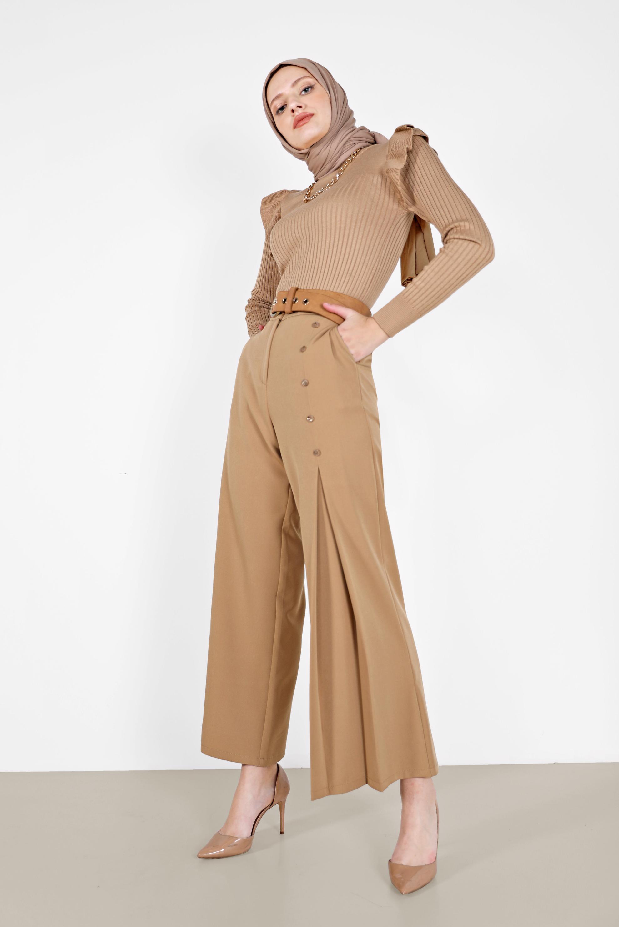 Tesettür giyim KAHVE DÜĞME DETAYLI GENİŞ KESİM PANTOLON 70267 