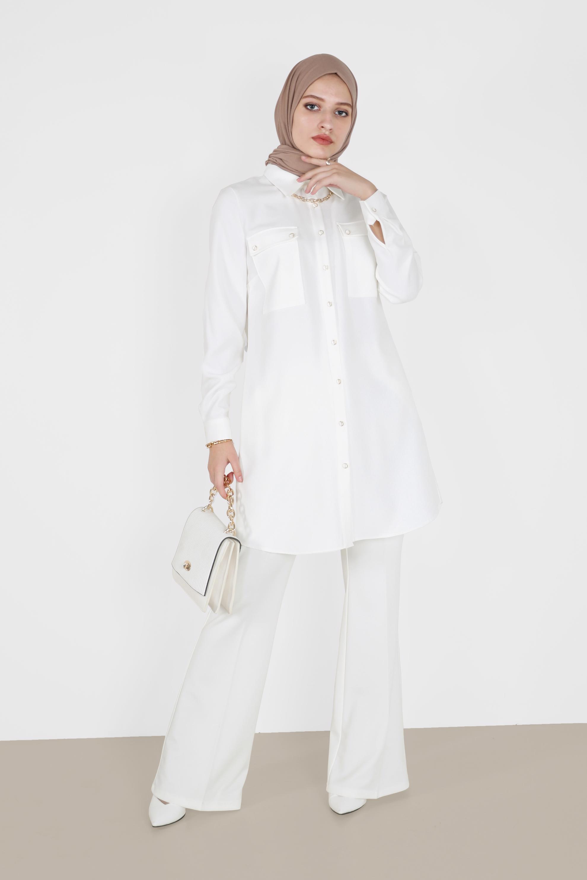 Tesettür giyim BEYAZ İSPANYOL PAÇA PANTOLON 70268 