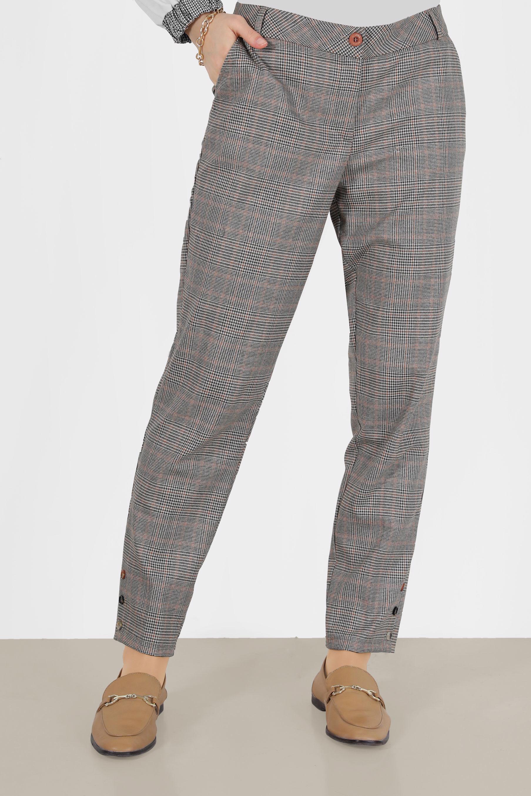 Tesettür giyim SARI DÜĞME DETAYLI EKOSE PANTOLON 70273-1 