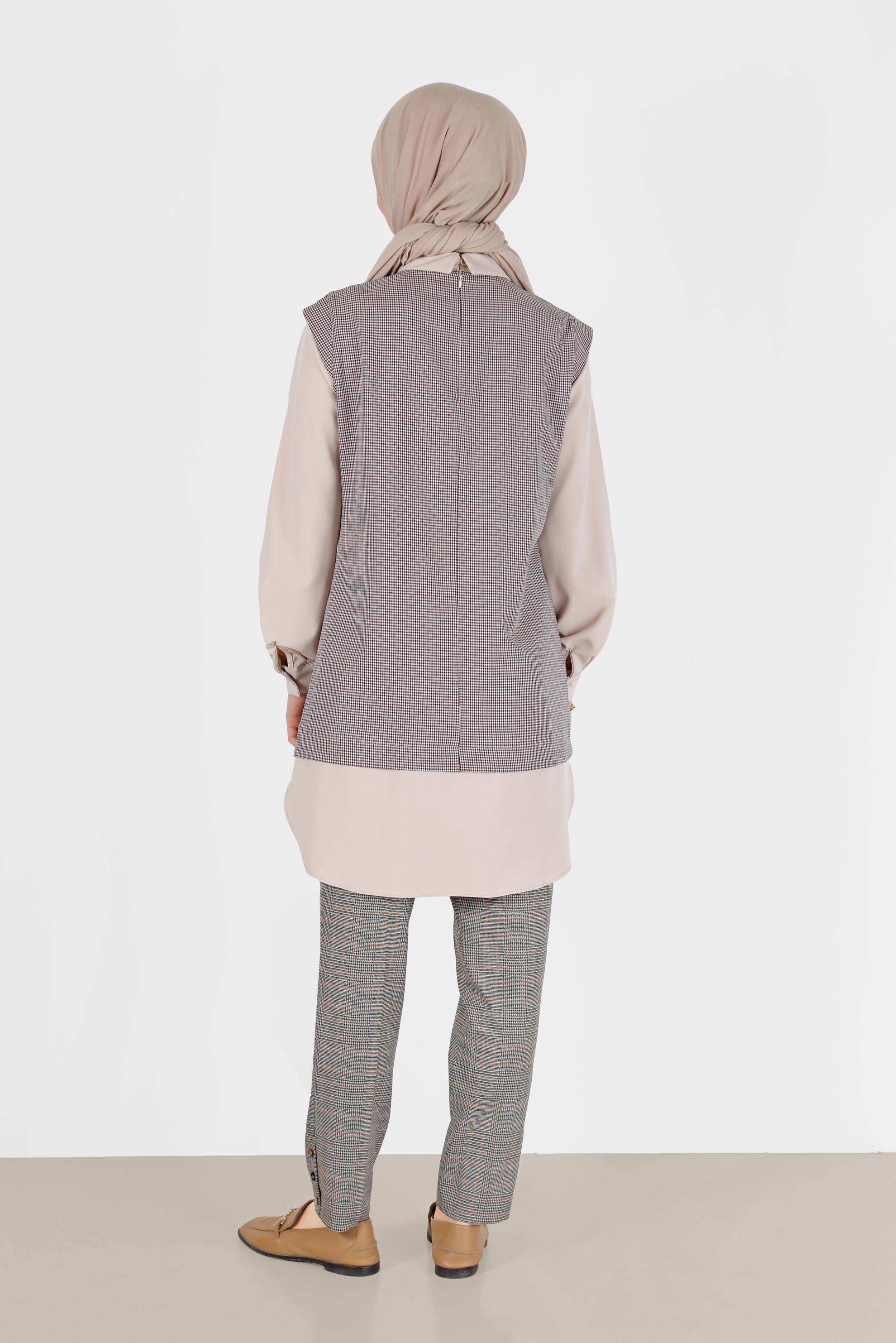 Tesettür giyim SARI DÜĞME DETAYLI EKOSE PANTOLON 70273-1 