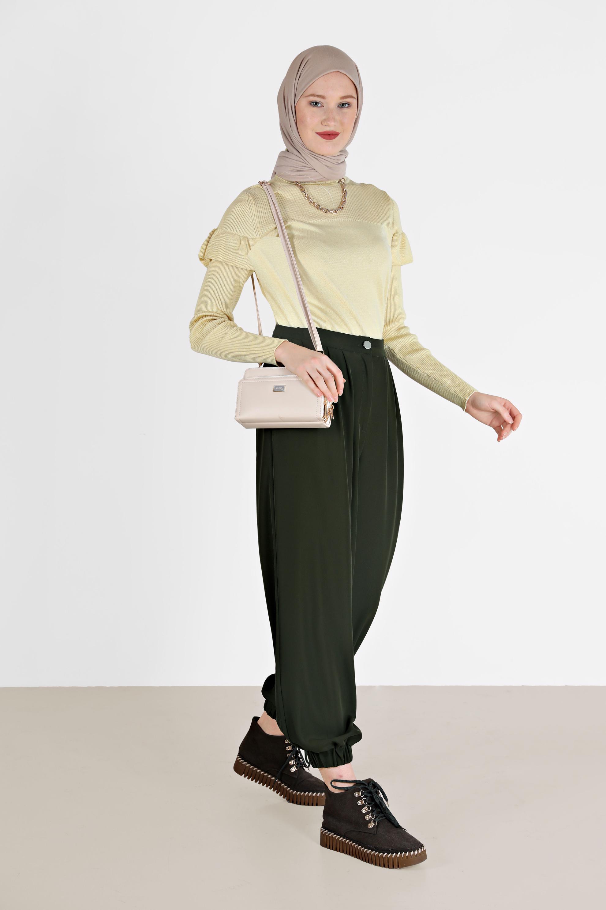 Tesettür giyim HAKİ BİLEKLERİ LASTİKLİ PANTOLON 70276 