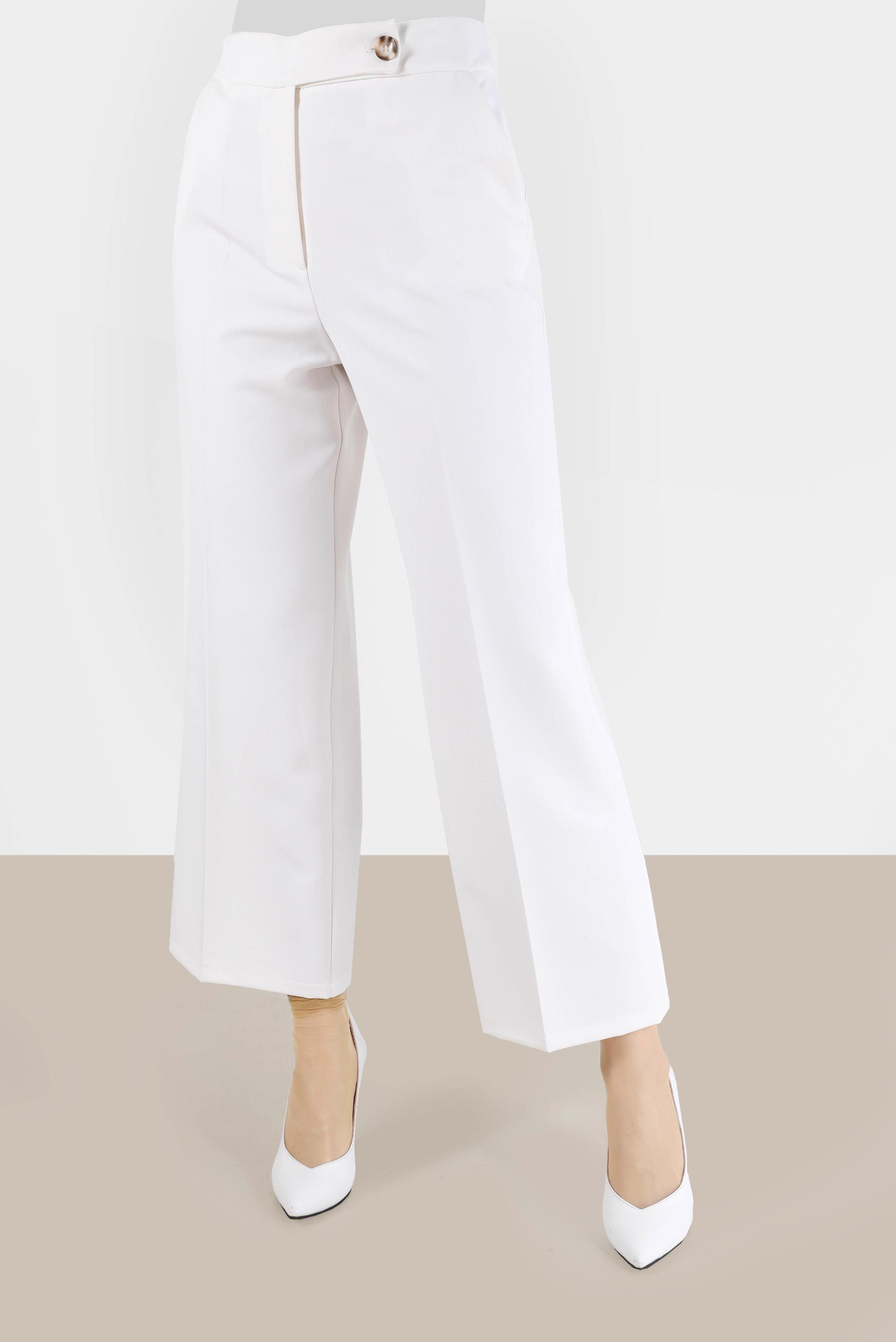 Tesettür giyim BEYAZ BELİ DÜĞMELİ GENİŞ PAÇA PANTOLON 70300 