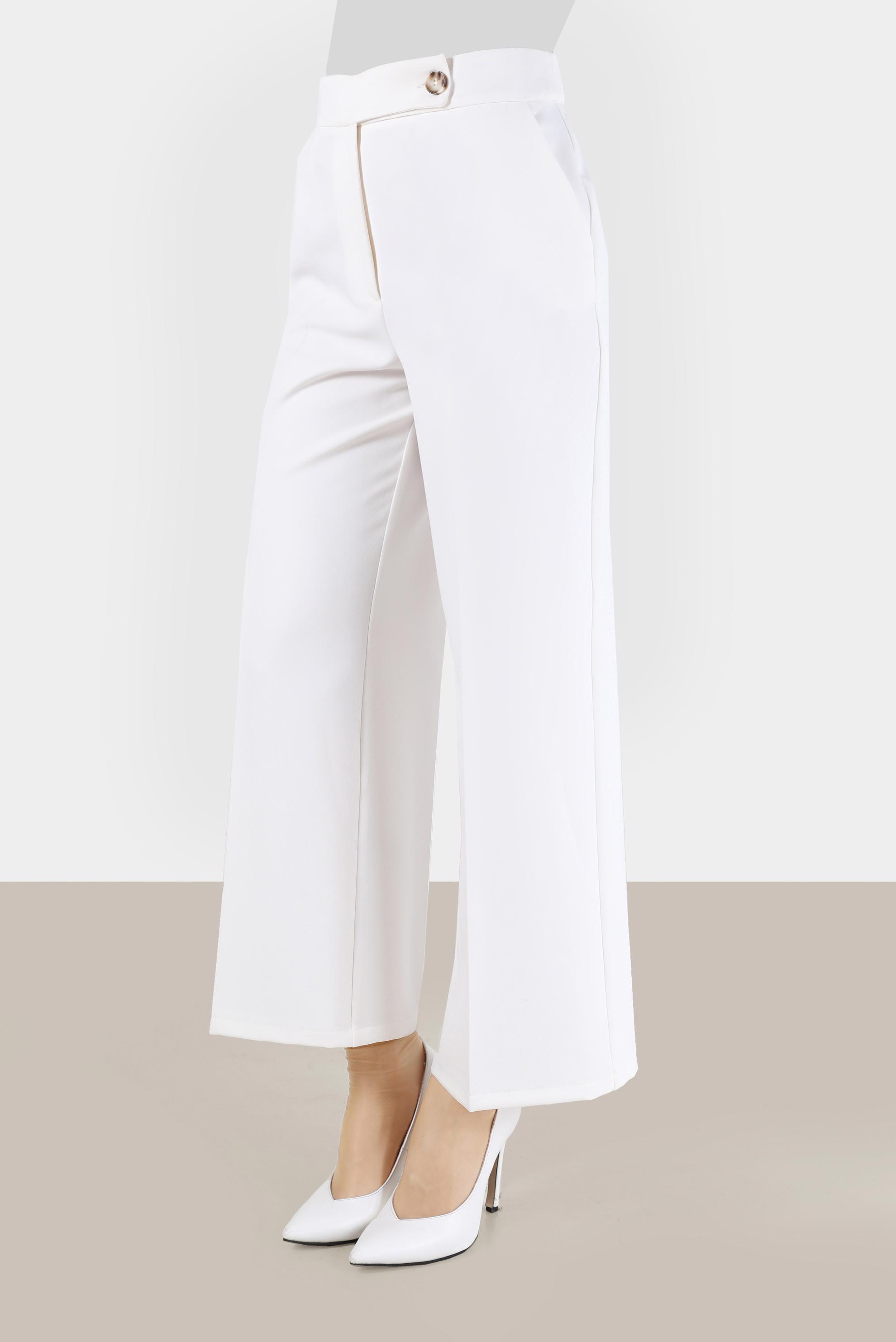 Tesettür giyim BEYAZ BELİ DÜĞMELİ GENİŞ PAÇA PANTOLON 70300 