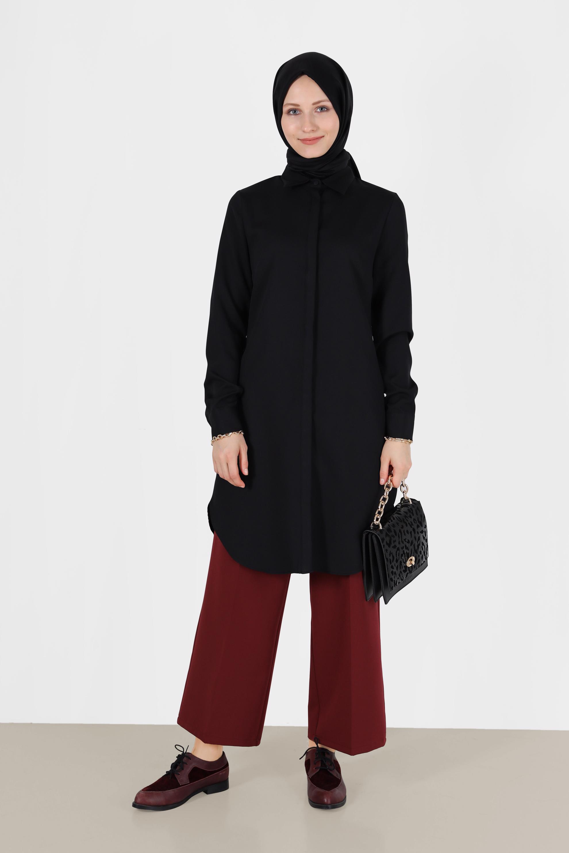 Tesettür giyim BORDO BELİ DÜĞMELİ GENİŞ PAÇA PANTOLON 70300 