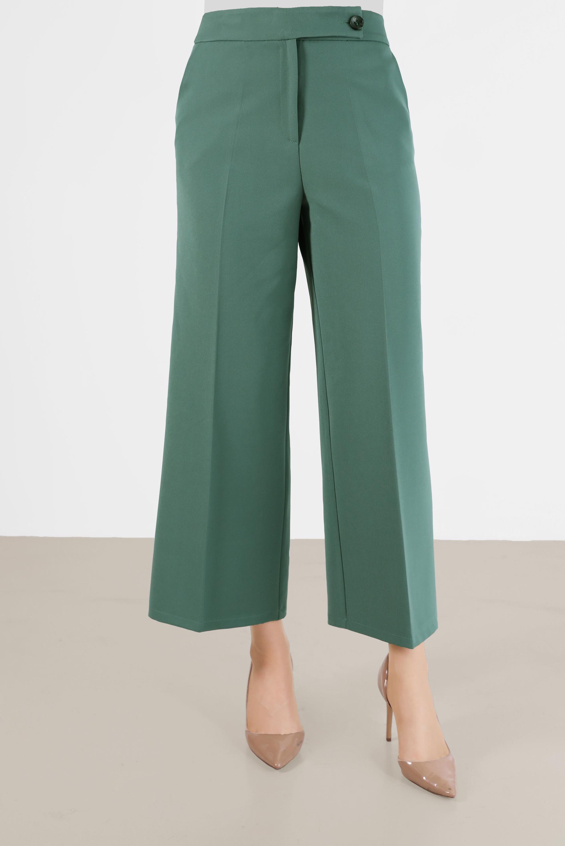 Tesettür giyim YEŞİL BELİ DÜĞMELİ GENİŞ PAÇA PANTOLON 70300 