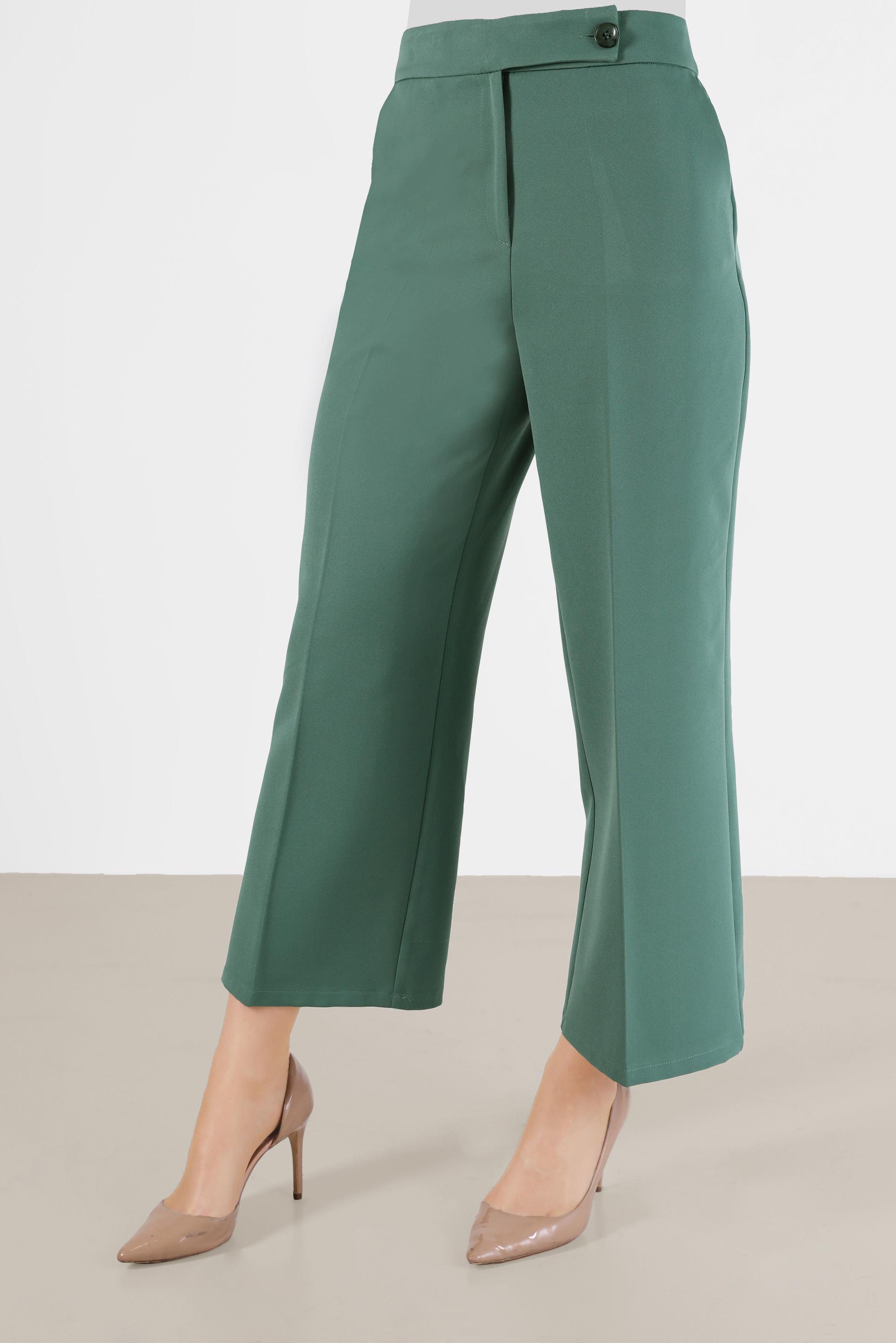 Tesettür giyim YEŞİL BELİ DÜĞMELİ GENİŞ PAÇA PANTOLON 70300 