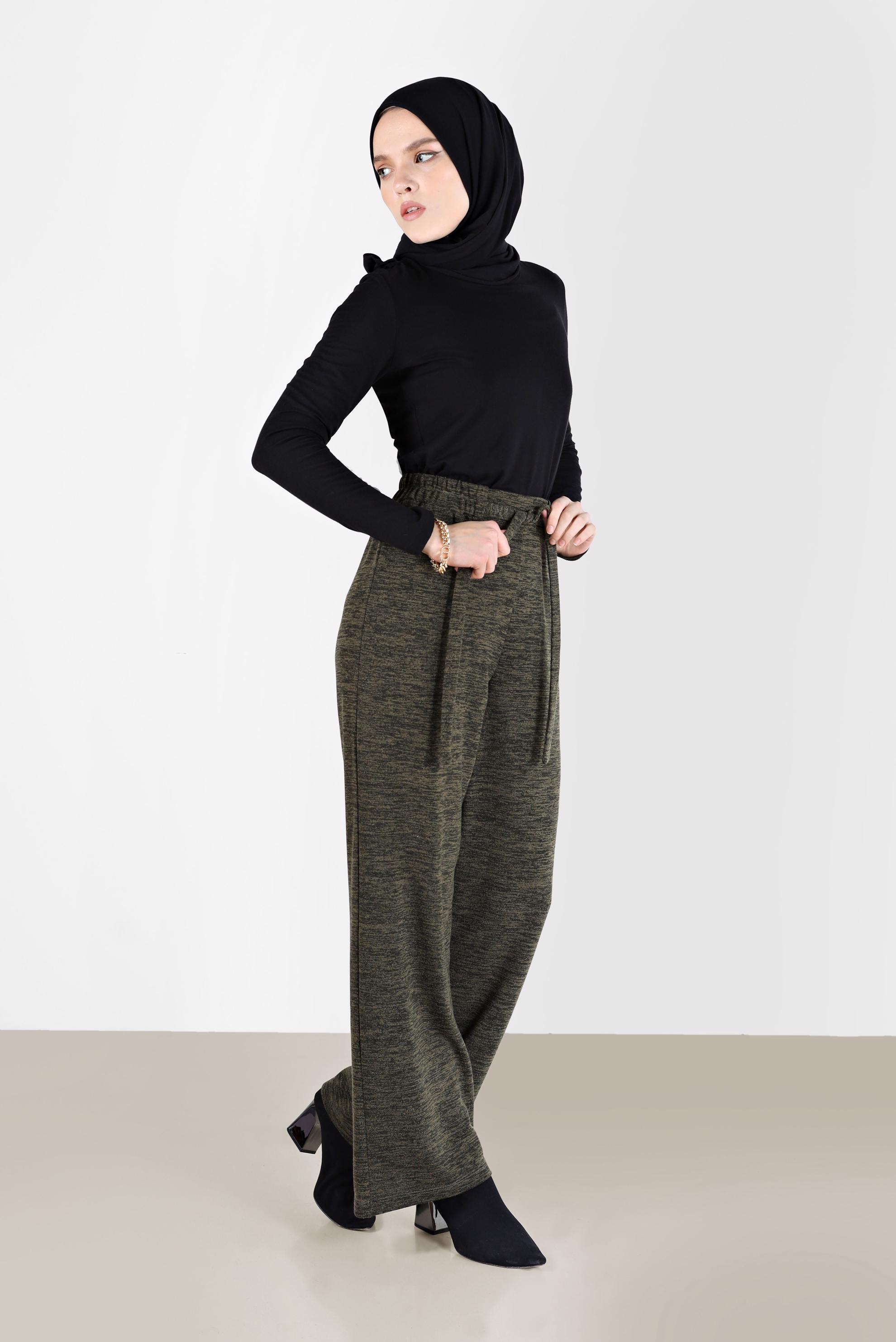 Tesettür giyim HAKİ BELİ LASTİKLİ ÖRME PANTOLON 70303
