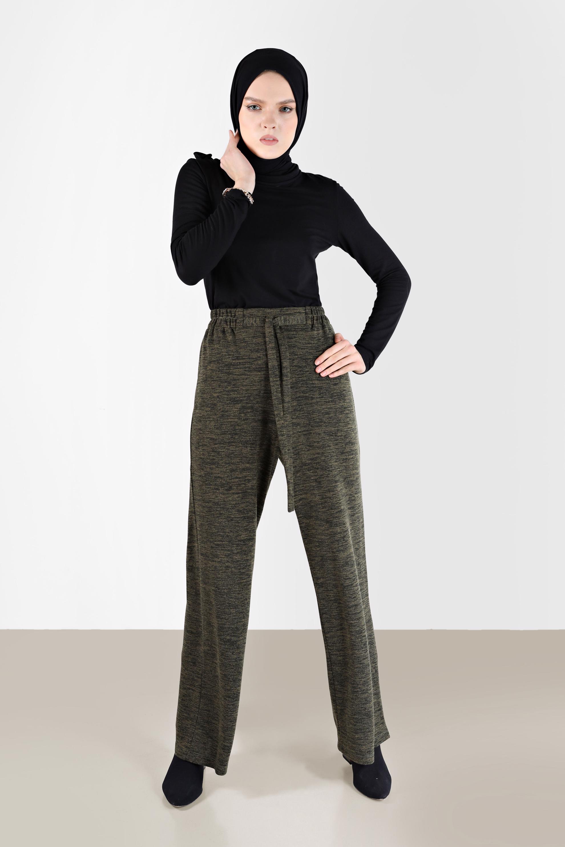 Tesettür giyim HAKİ BELİ LASTİKLİ ÖRME PANTOLON 70303