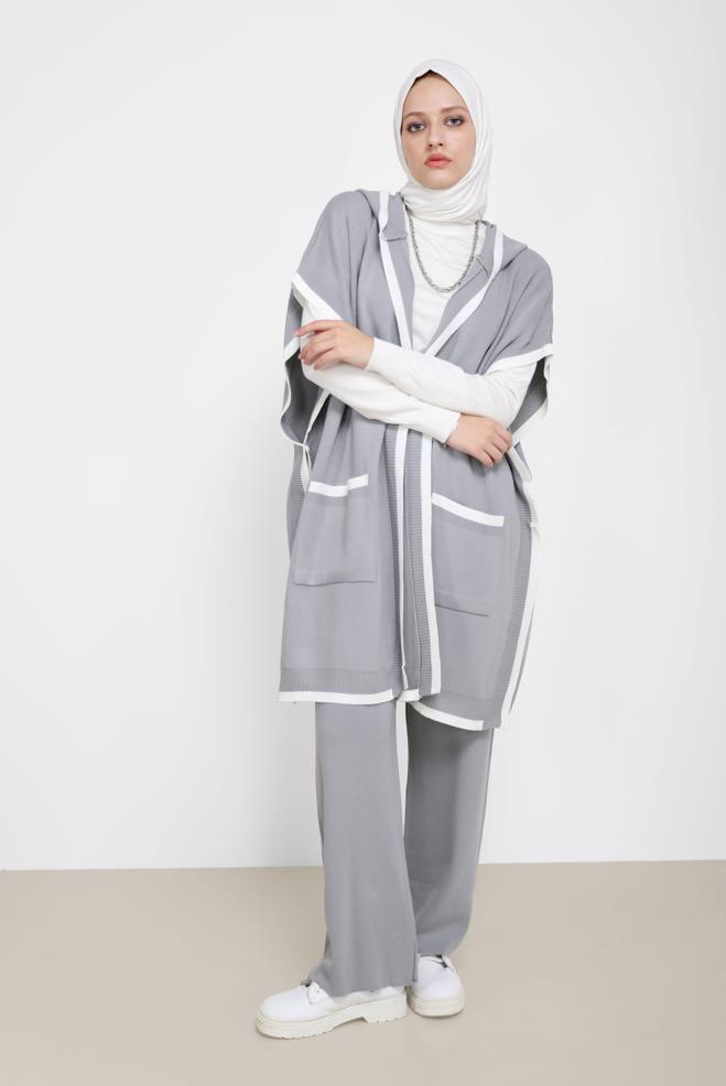 Tesettür giyim GRİ KAPÜŞONLU TRİKO PANÇO 42120  - ALVİNA