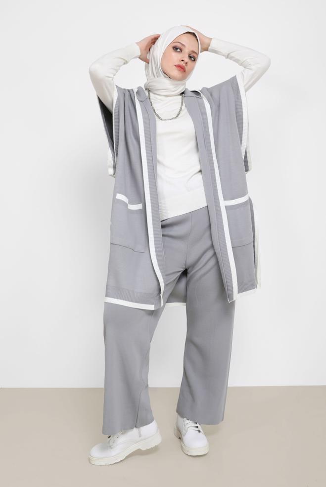 Tesettür giyim GRİ KAPÜŞONLU TRİKO PANÇO 42120  - ALVİNA