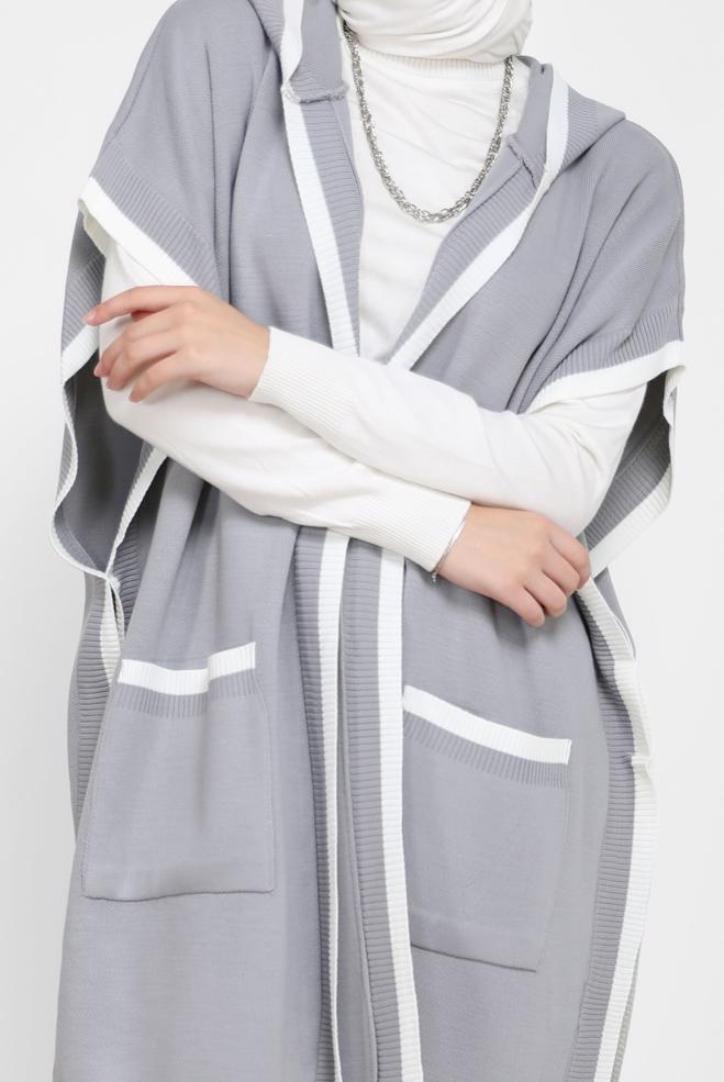 Tesettür giyim GRİ KAPÜŞONLU TRİKO PANÇO 42120  - ALVİNA