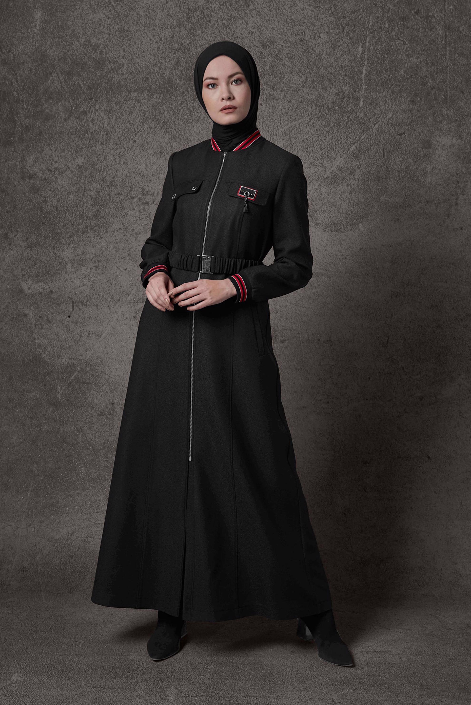 Tesettür giyim SİYAH CEP DETAYLI KEMERLİ PARDESÜ 10450 