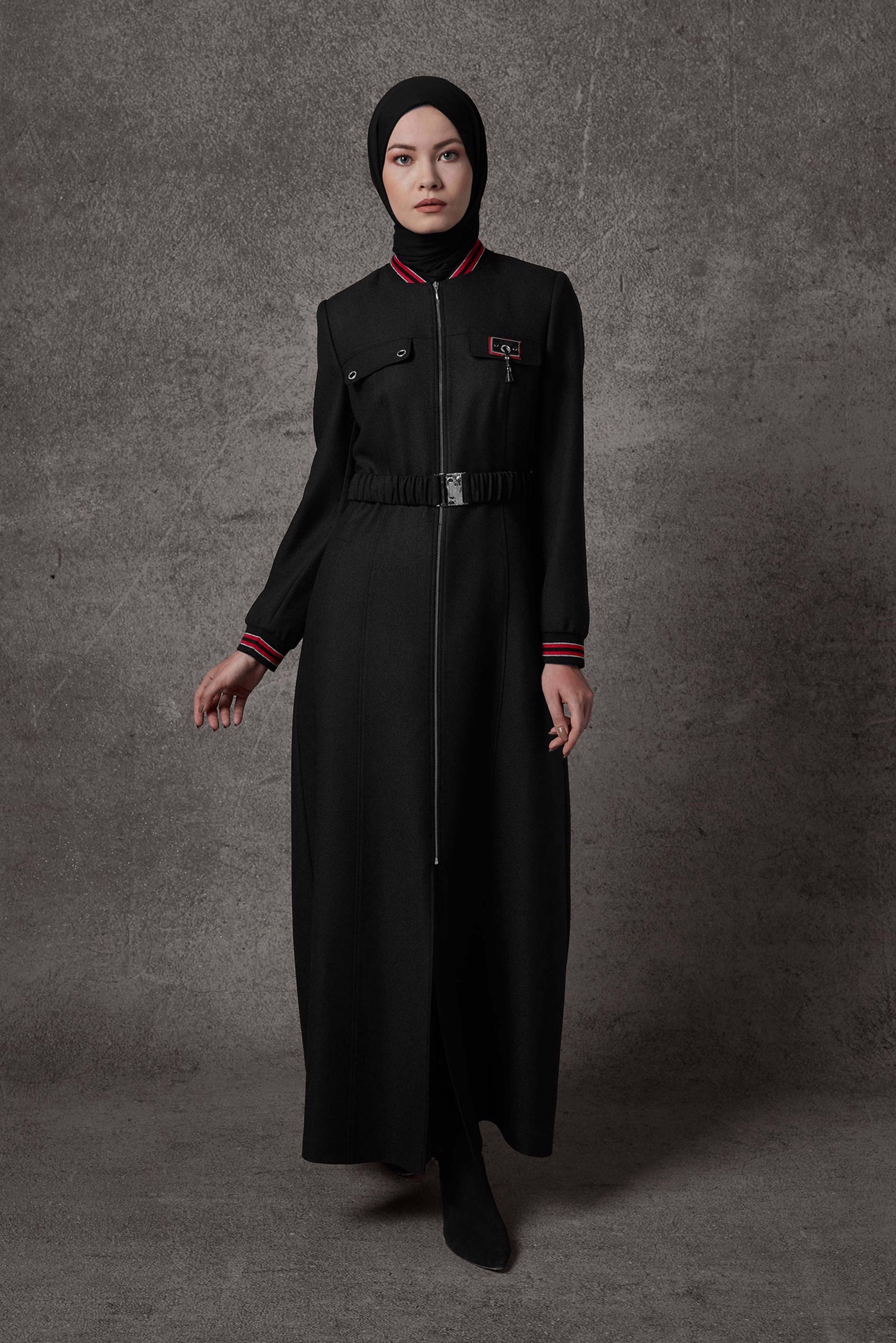 Tesettür giyim SİYAH CEP DETAYLI KEMERLİ PARDESÜ 10450 