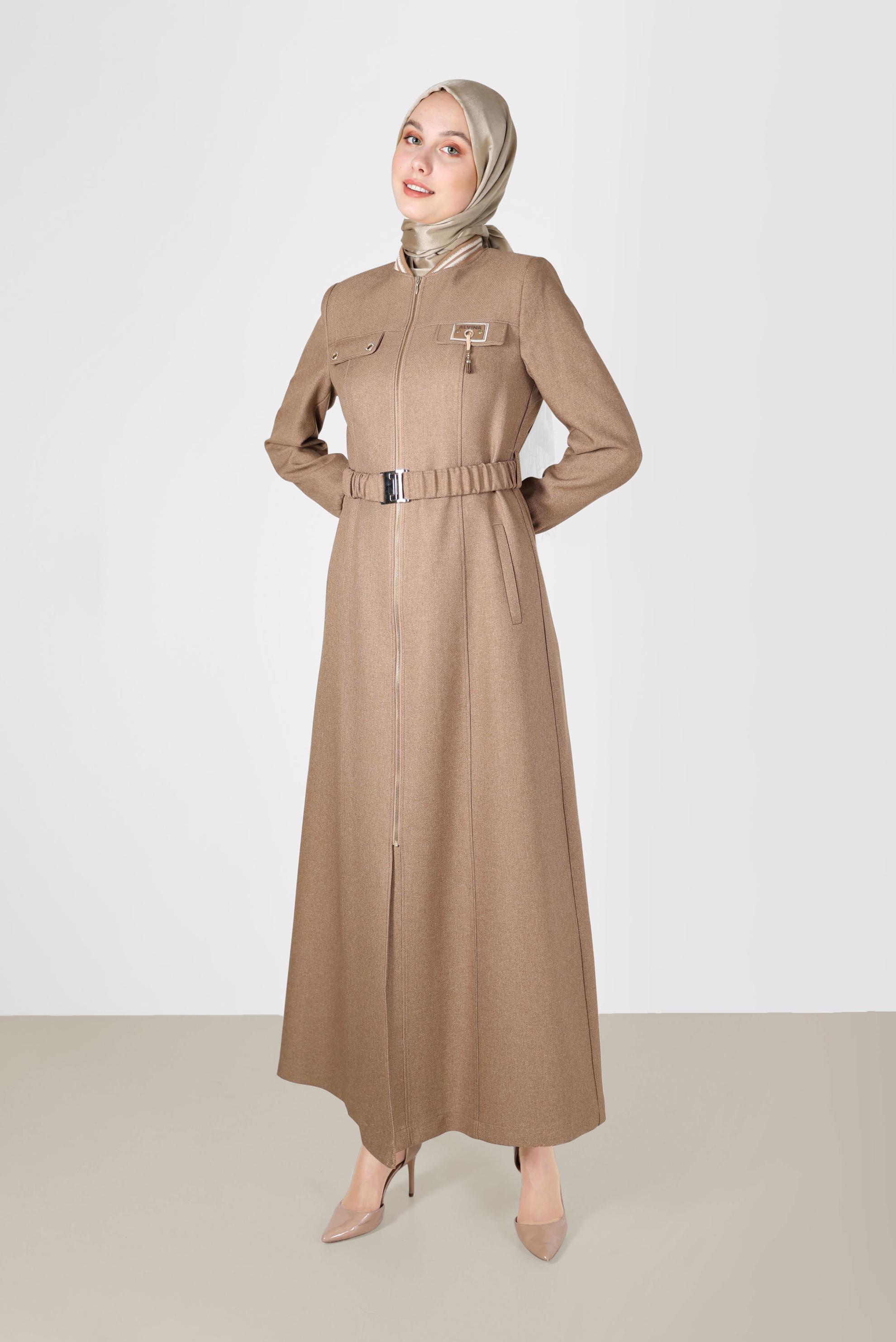 Tesettür giyim KAHVE CEP DETAYLI KEMERLİ PARDESÜ 10450 