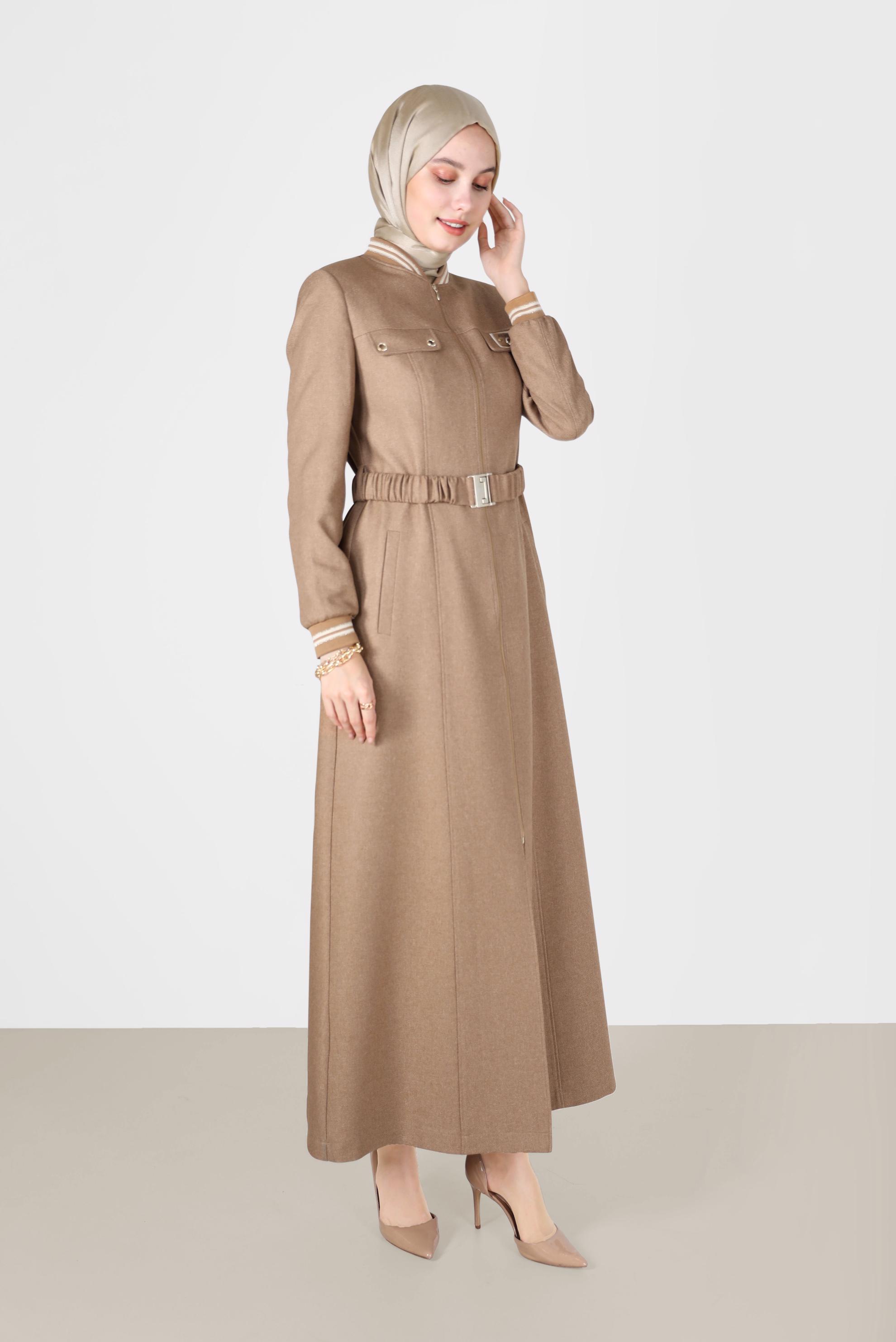 Tesettür giyim KAHVE CEP DETAYLI KEMERLİ PARDESÜ 10450 
