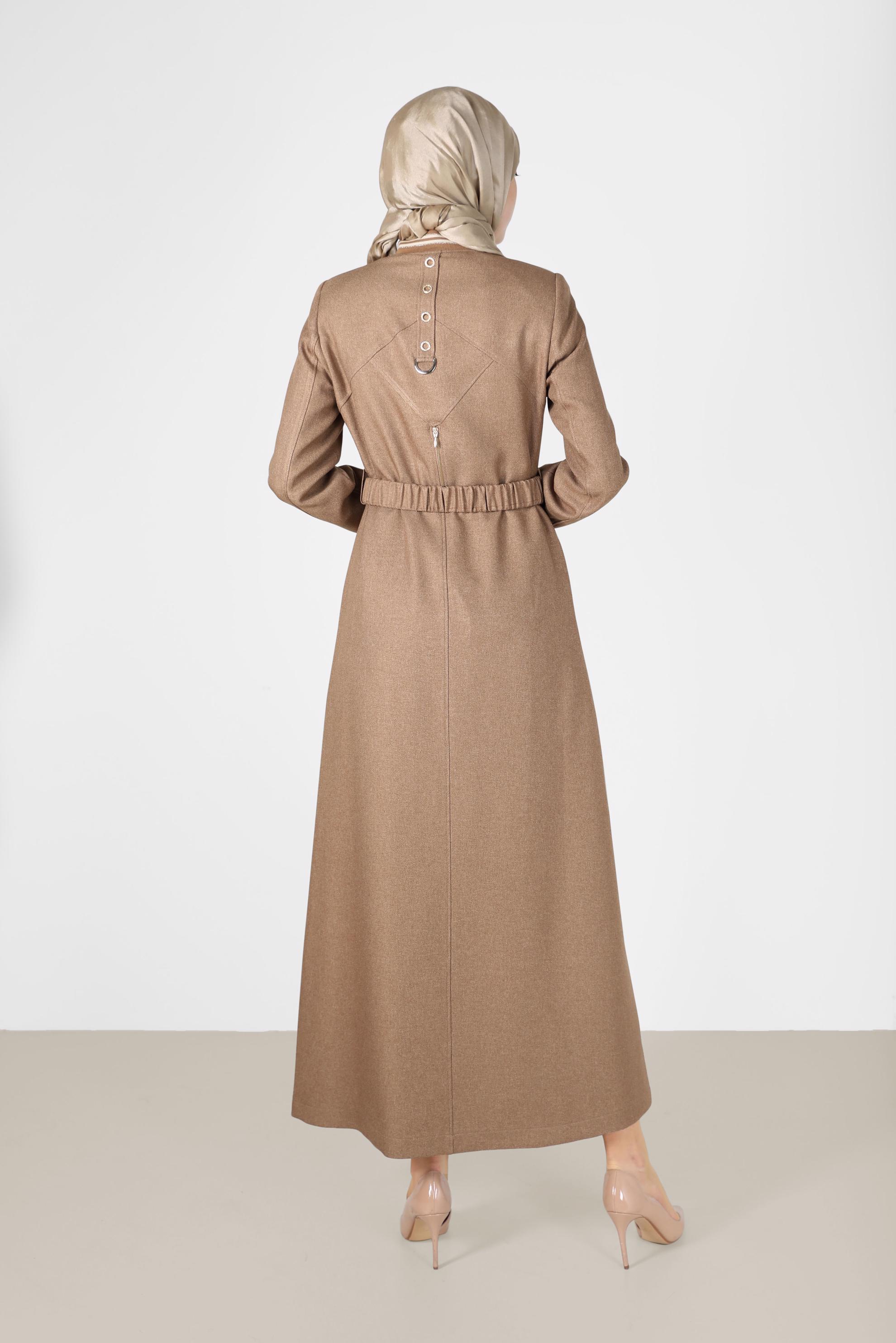 Tesettür giyim KAHVE CEP DETAYLI KEMERLİ PARDESÜ 10450 