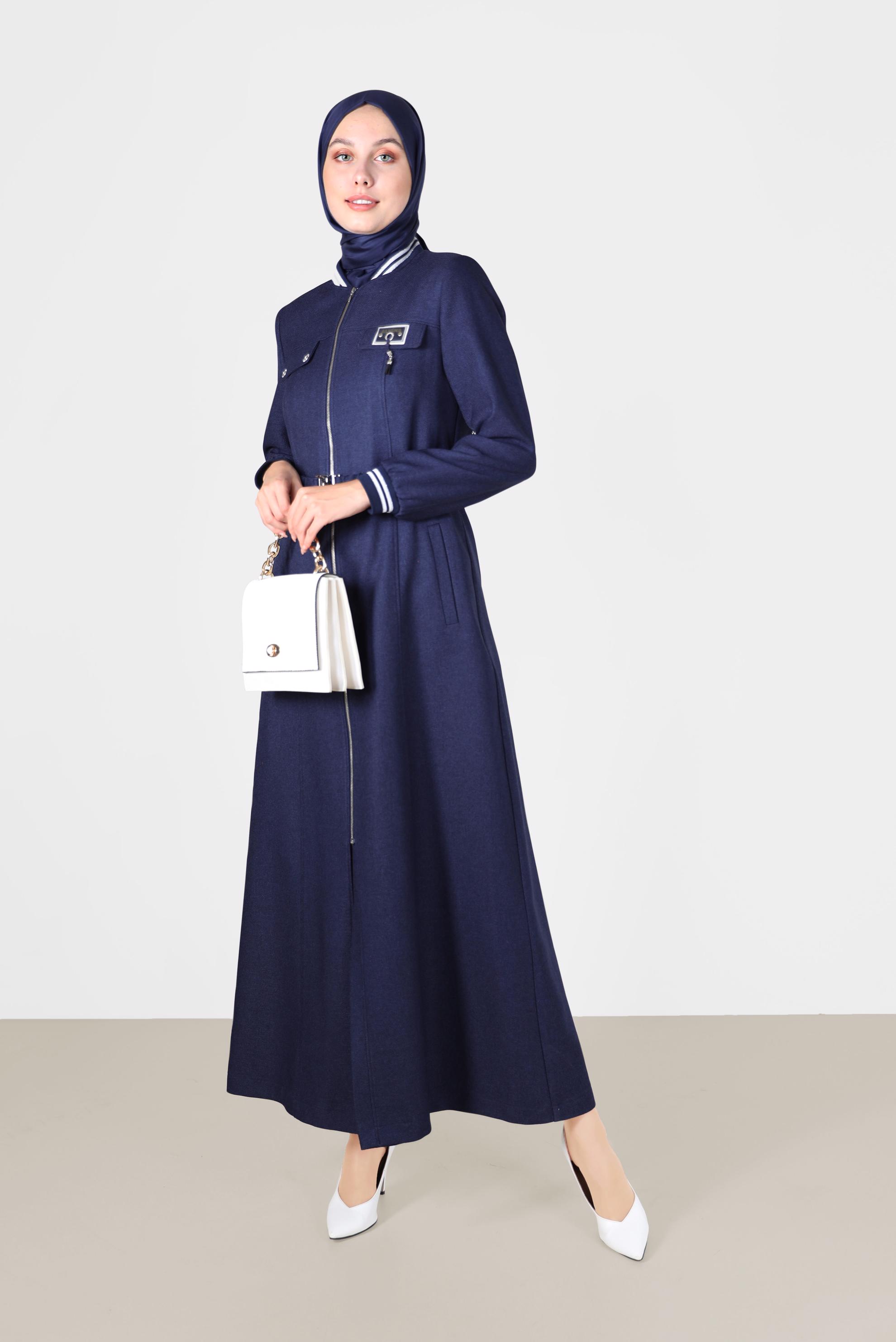 Tesettür giyim LACİVERT CEP DETAYLI KEMERLİ PARDESÜ 10450 