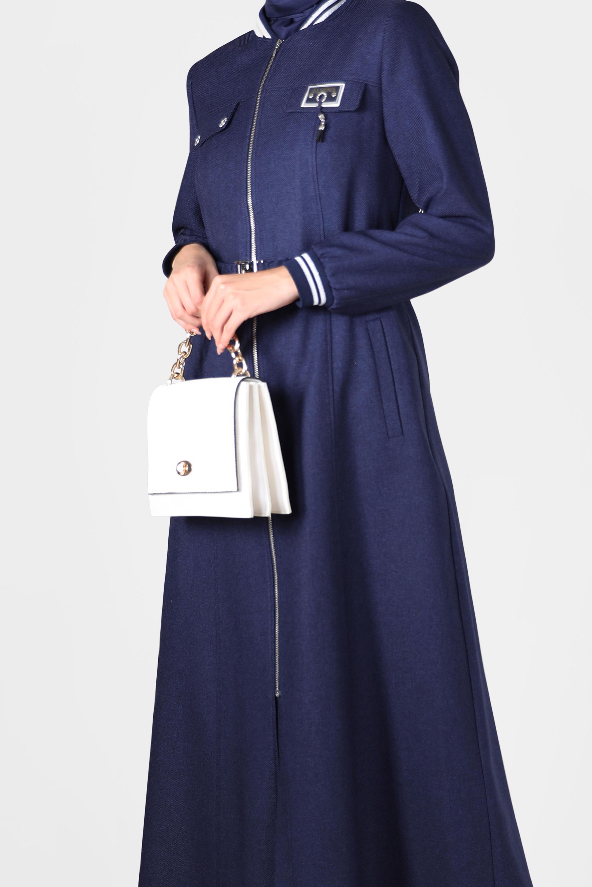 Tesettür giyim LACİVERT CEP DETAYLI KEMERLİ PARDESÜ 10450 