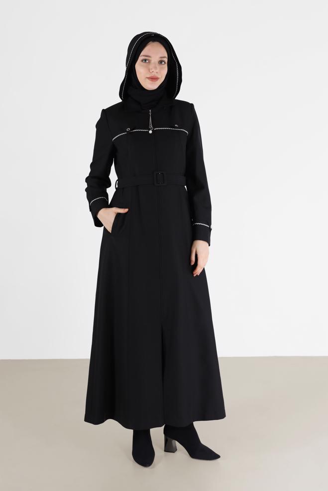 Tesettür giyim SİYAH BELİ KUŞAKLI KAPÜŞONLU PARDESÜ 10458	 - ALVİNA
