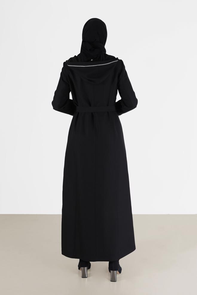 Tesettür giyim SİYAH BELİ KUŞAKLI KAPÜŞONLU PARDESÜ 10458	 - ALVİNA