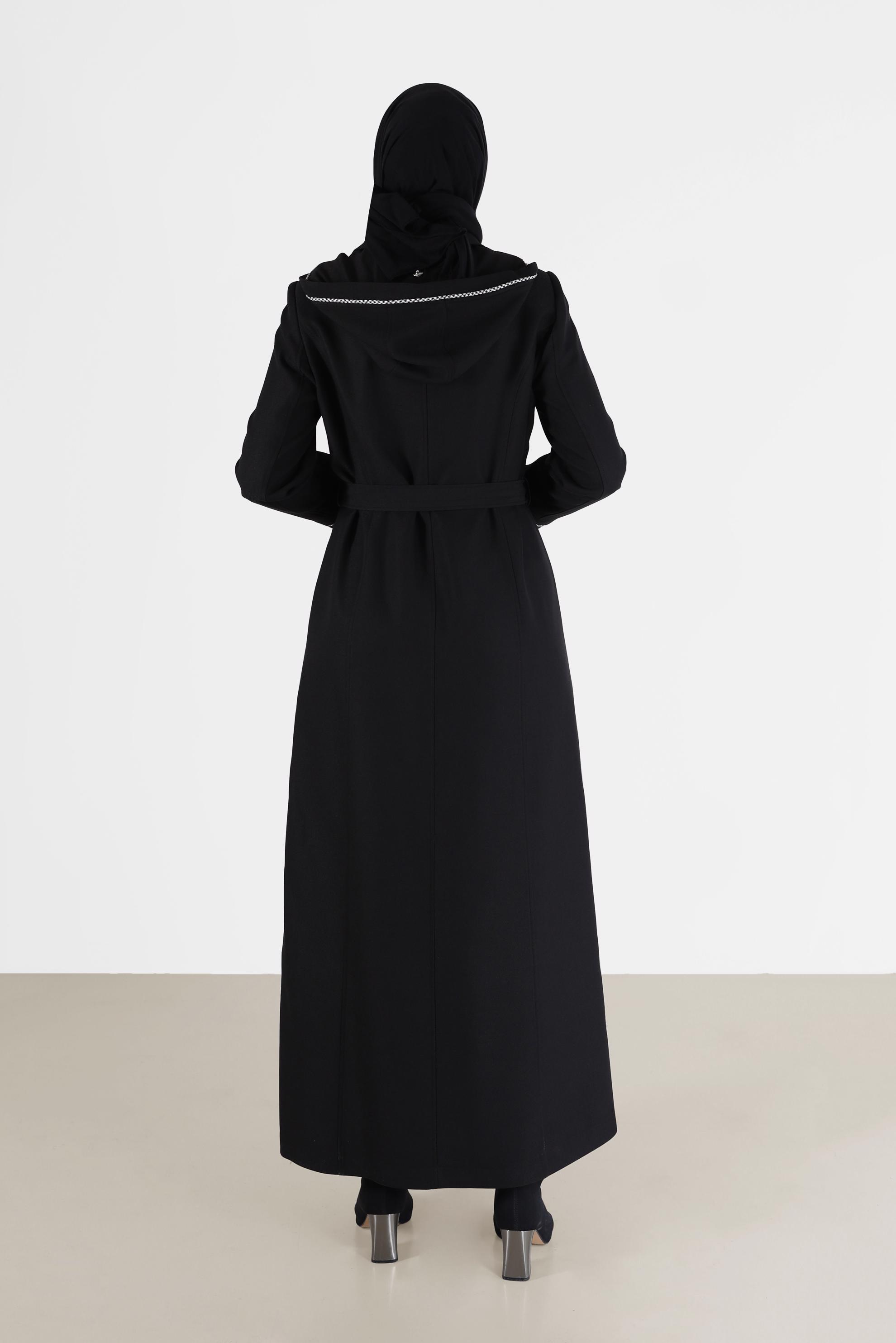 Tesettür giyim SİYAH BELİ KUŞAKLI KAPÜŞONLU PARDESÜ 10458	