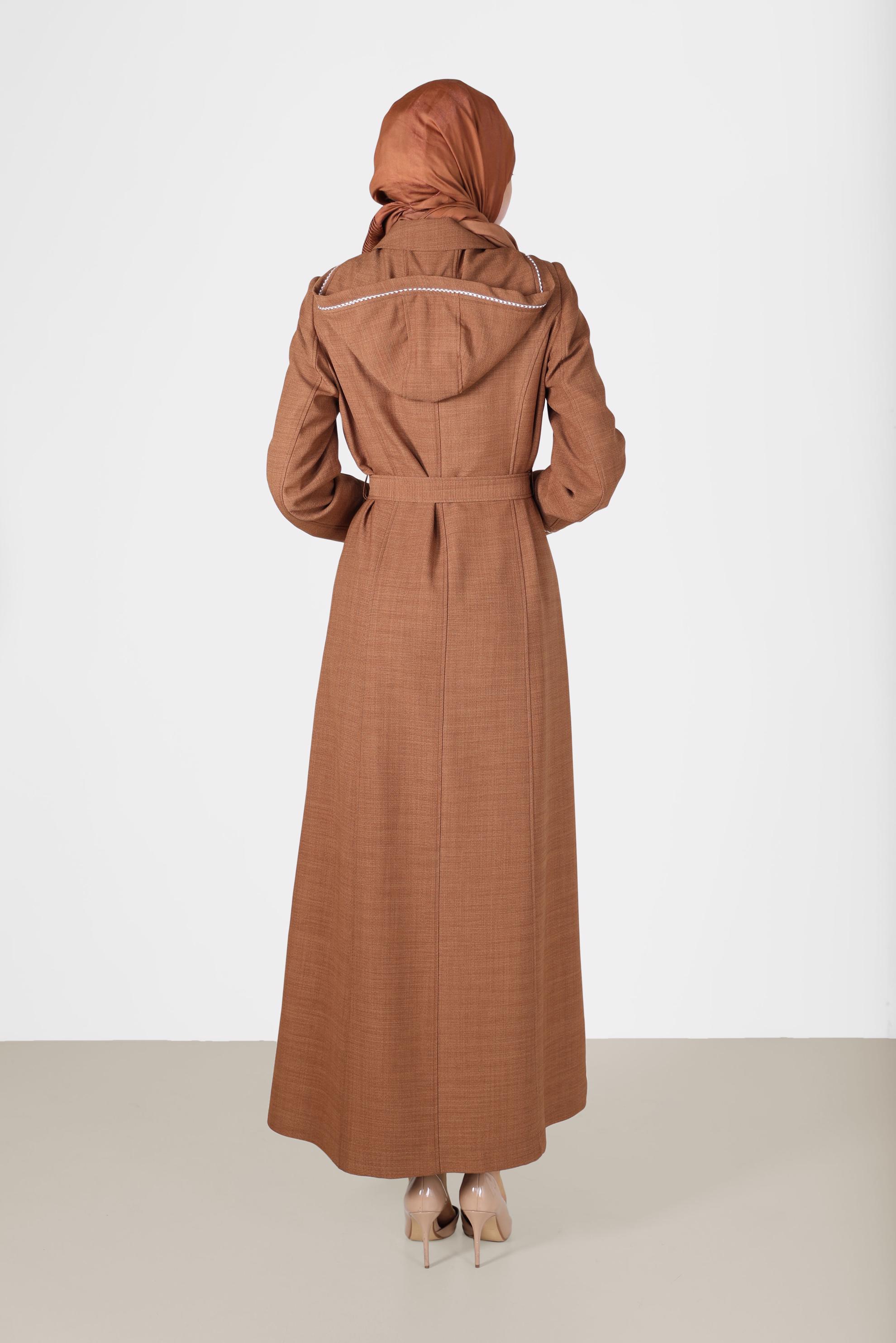 Tesettür giyim KAHVE BELİ KUŞAKLI KAPÜŞONLU PARDESÜ 10458	