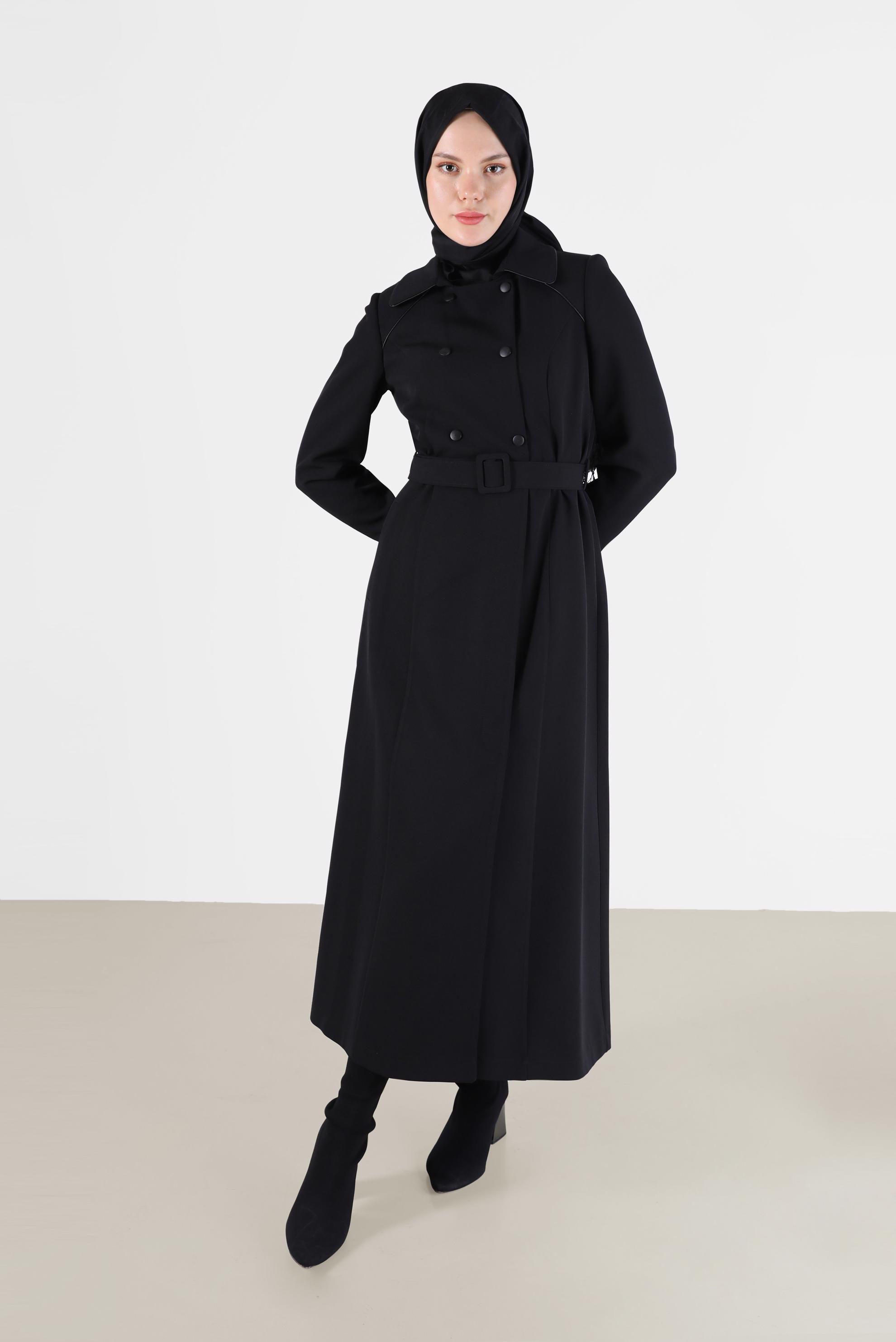 Tesettür giyim SİYAH KUŞAKLI DÜĞME DETAYLI PARDESÜ 10459 