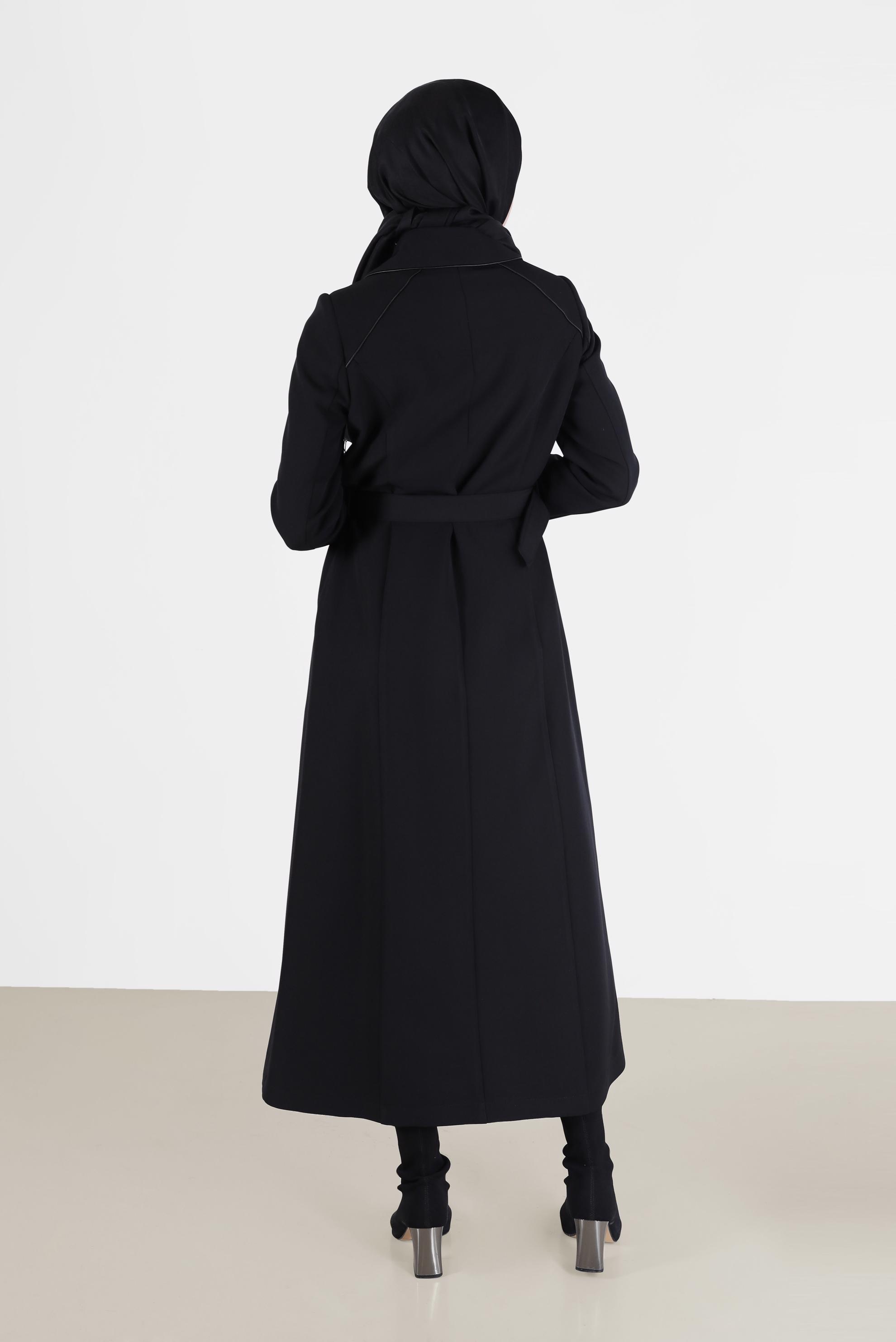 Tesettür giyim SİYAH KUŞAKLI DÜĞME DETAYLI PARDESÜ 10459 