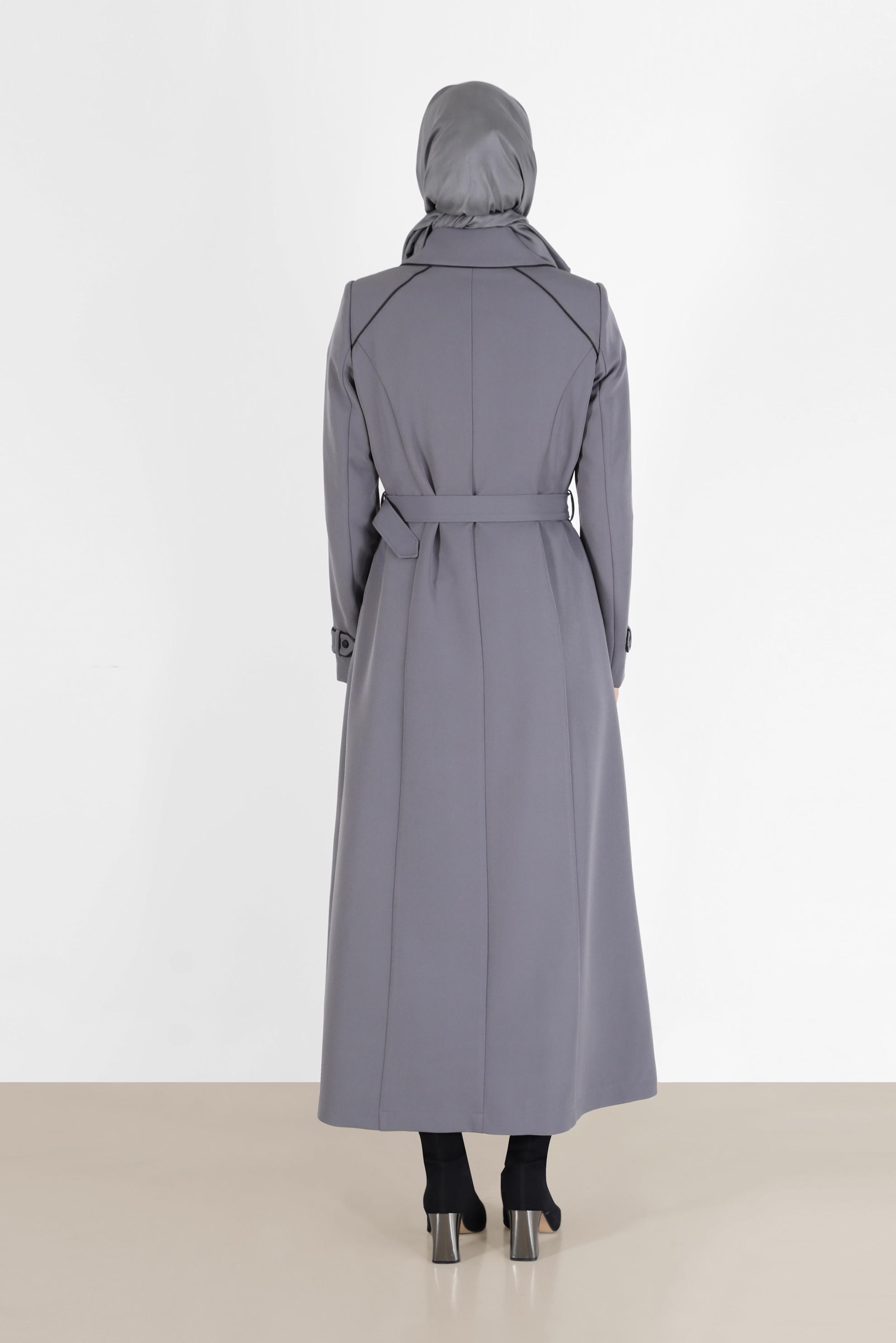 Tesettür giyim GRİ KUŞAKLI DÜĞME DETAYLI PARDESÜ 10459 