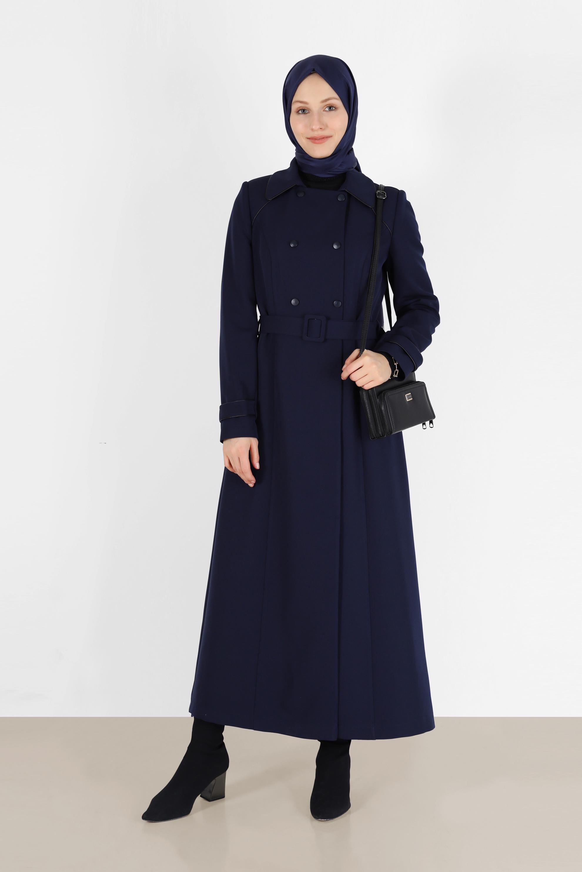 Tesettür giyim LACİVERT KUŞAKLI DÜĞME DETAYLI PARDESÜ 10459 