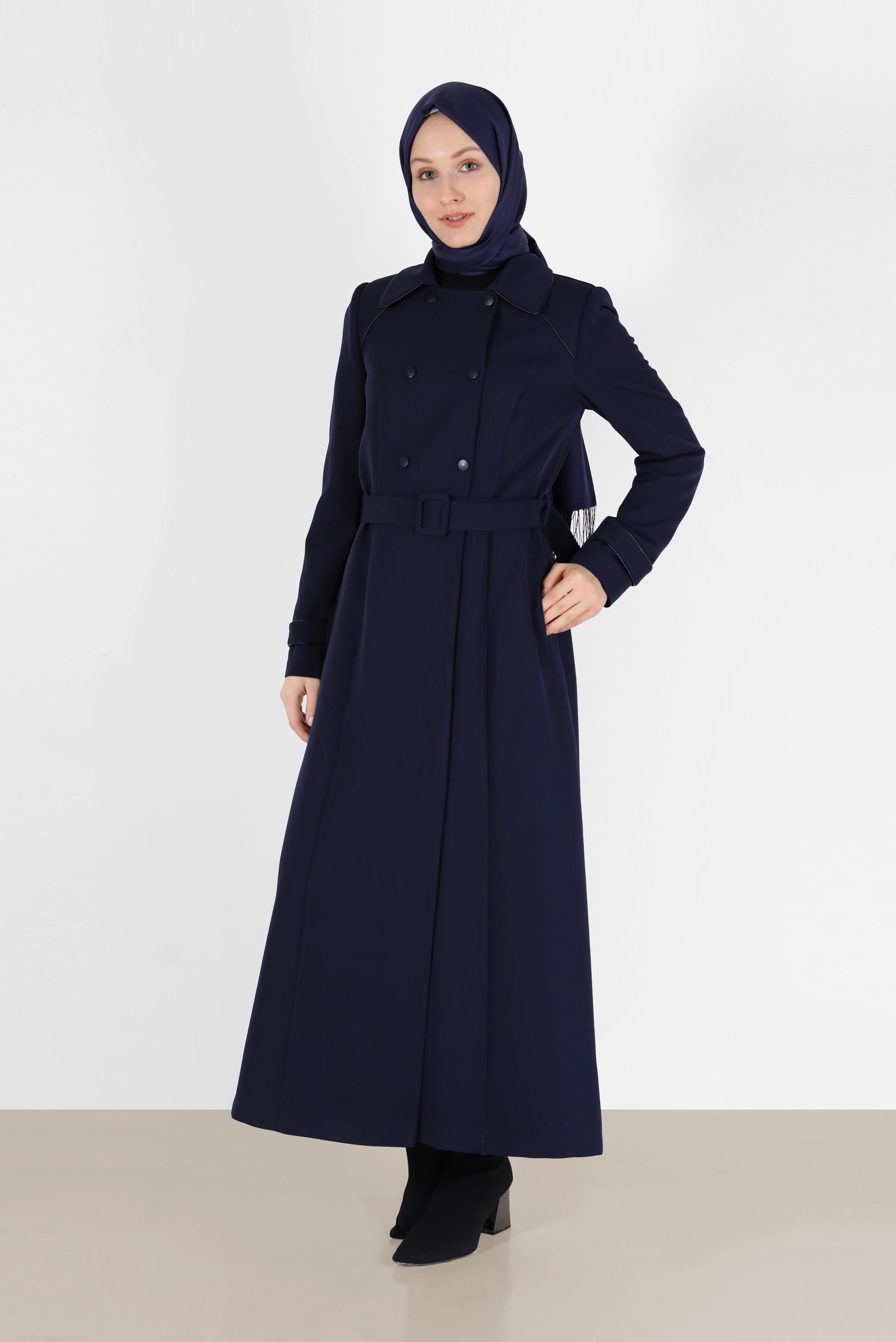 Tesettür giyim LACİVERT KUŞAKLI DÜĞME DETAYLI PARDESÜ 10459 