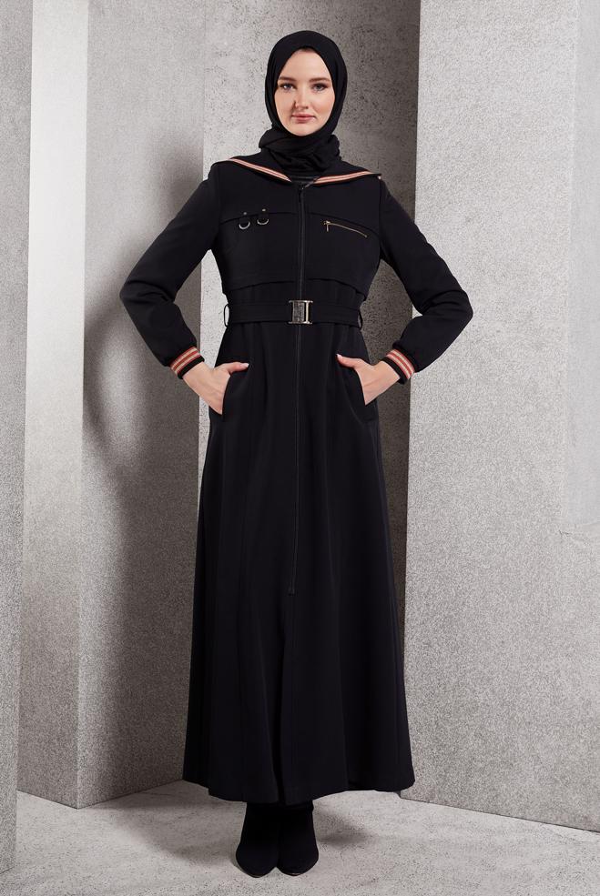 Tesettür giyim SİYAH KEMERLİ KAPÜŞONLU PARDESÜ 10463	 - ALVİNA