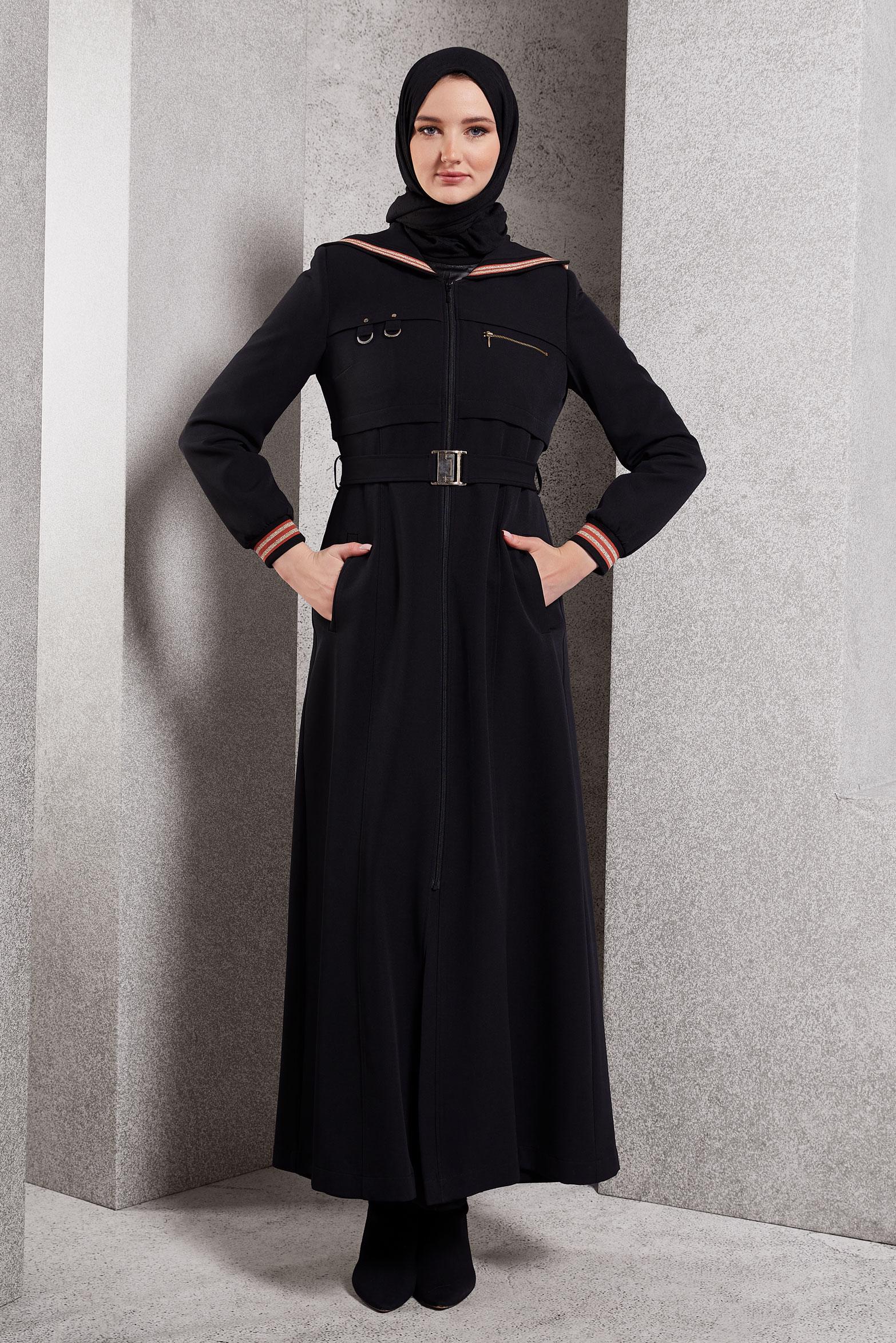 Tesettür giyim SİYAH KEMERLİ KAPÜŞONLU PARDESÜ 10463	