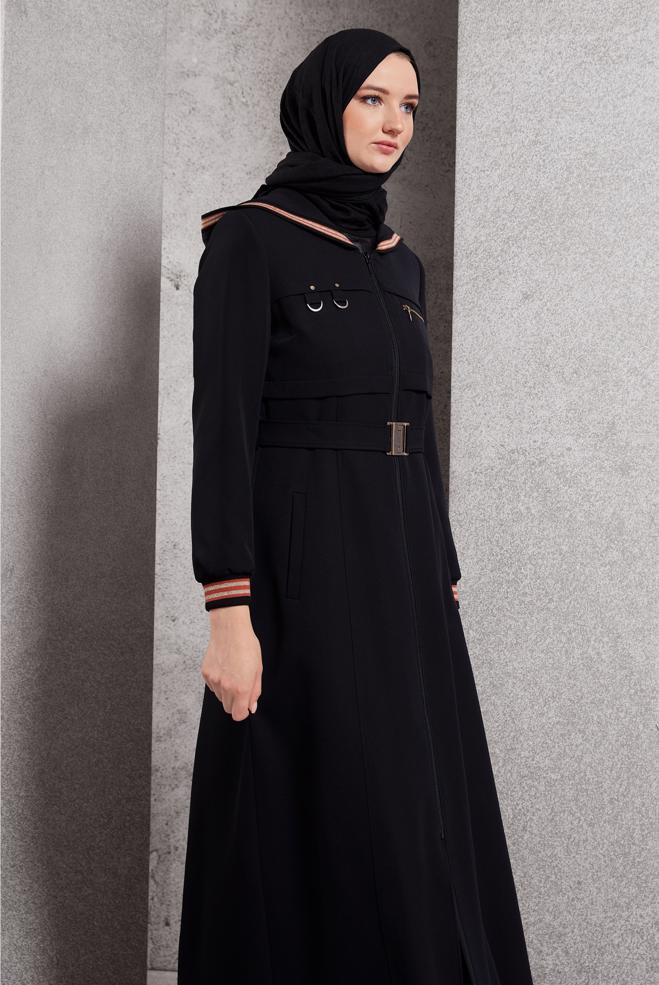 Tesettür giyim SİYAH KEMERLİ KAPÜŞONLU PARDESÜ 10463	 - ALVİNA