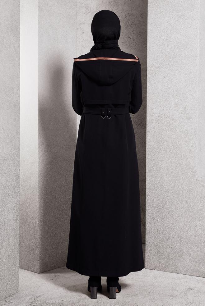 Tesettür giyim SİYAH KEMERLİ KAPÜŞONLU PARDESÜ 10463	 - ALVİNA